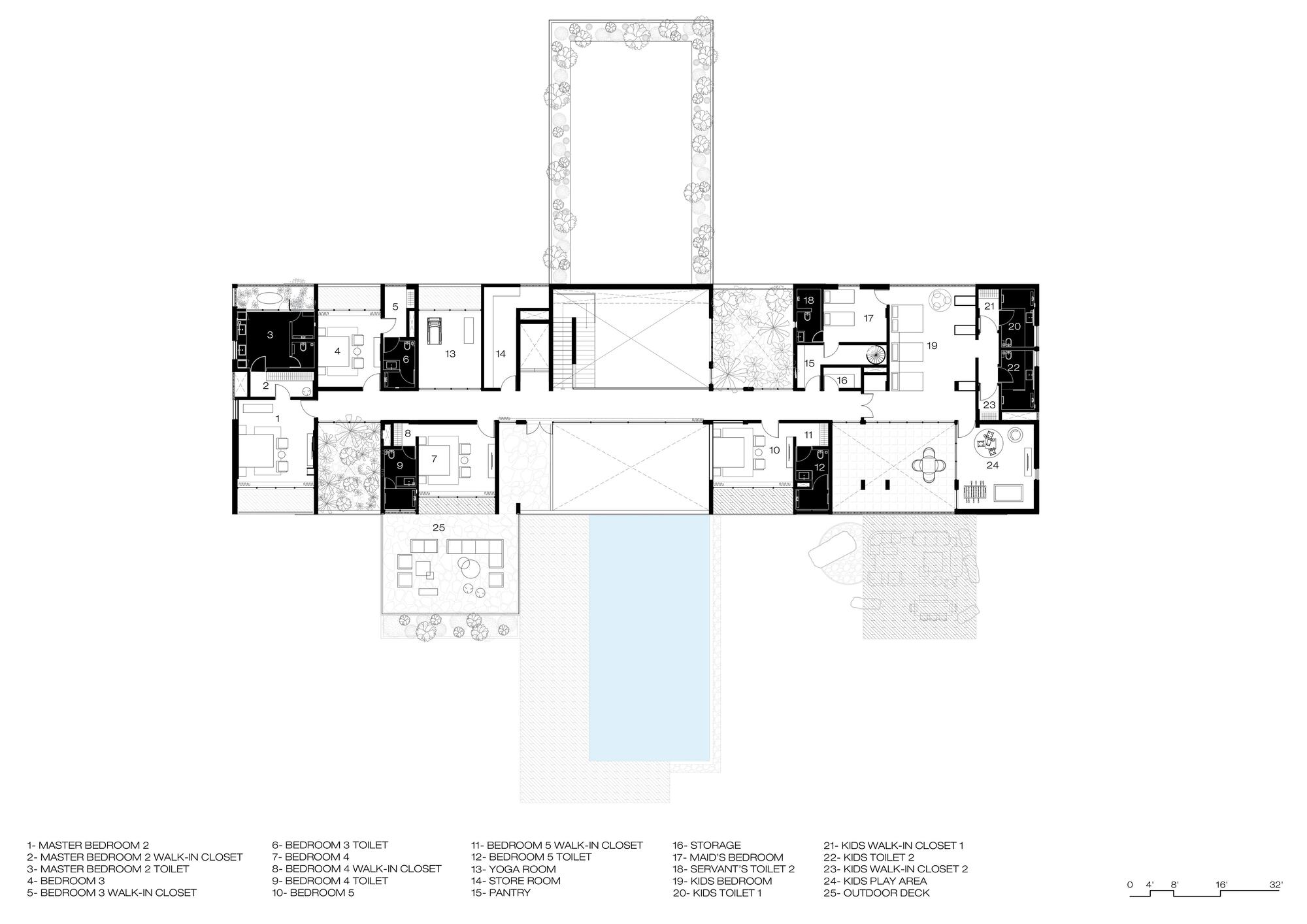Upper floor plan drawing showing bedroom suites, yoga room and kids rooms arranged around planted courtyards above the pool