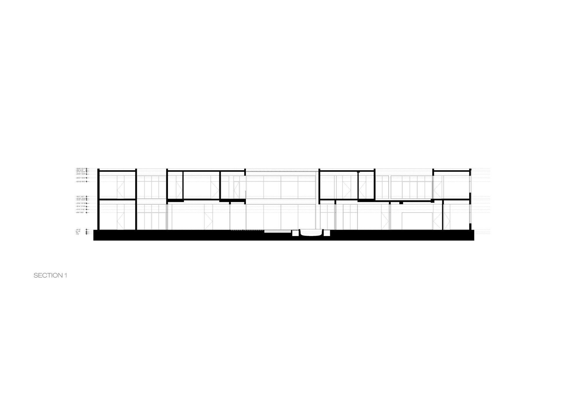 Building section drawing labeled Section 1, cutting through a two-storey block with glazed bays and solid stacked volumes