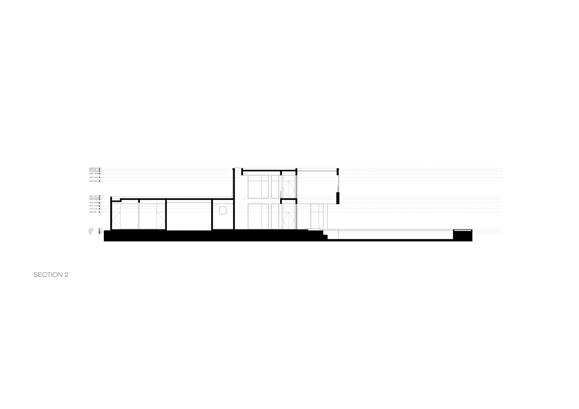 Building section drawing labeled Section 2, showing a low wing beside a taller glazed volume and the sunken pool