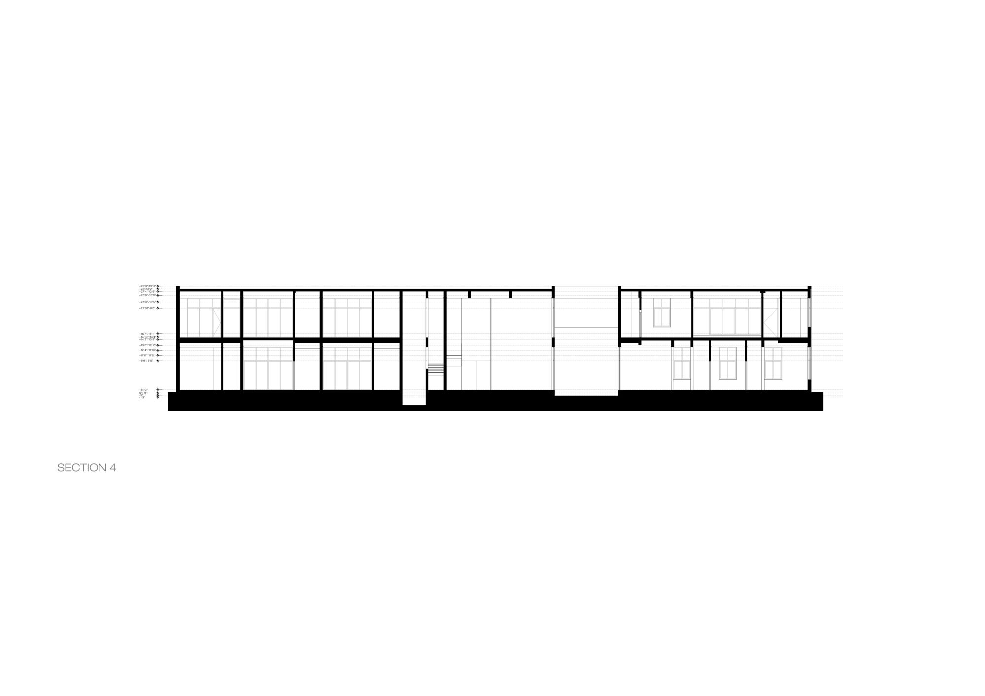 Building section drawing labeled Section 4, showing a two-storey length with regular window bays and a central double-height void