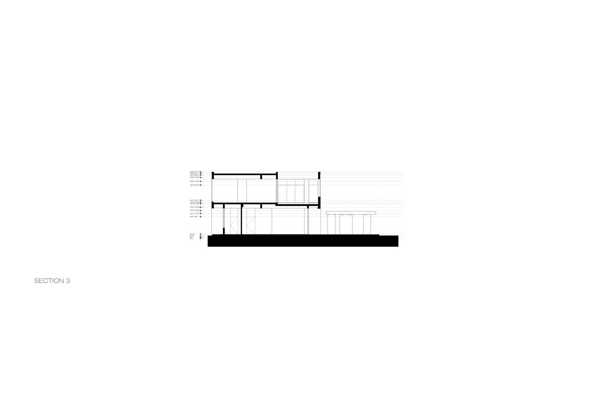 Section drawing cutting through a two-storey volume with glazed upper level, slab edges and a slatted pergola beside it