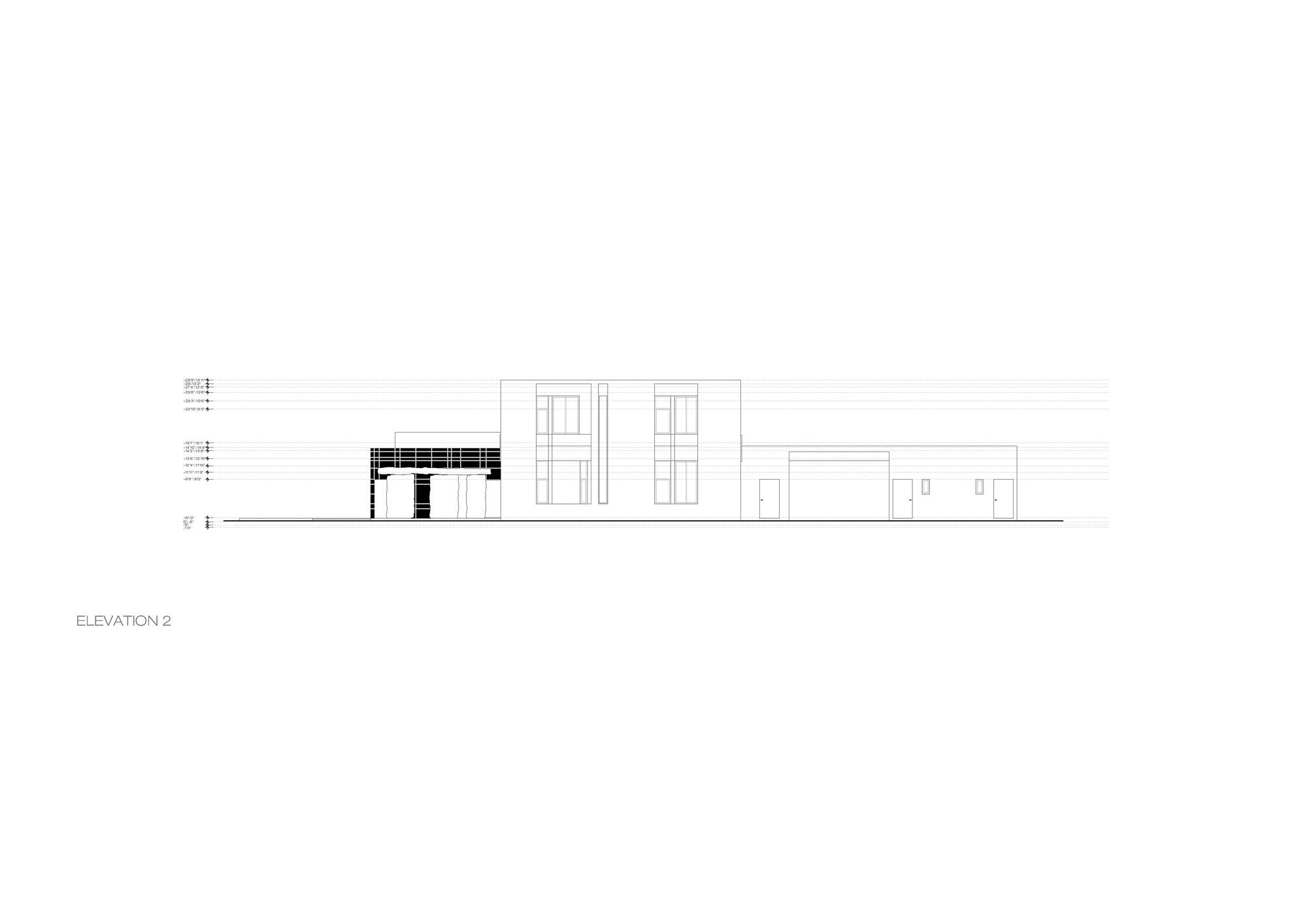 Elevation drawing of a two-storey block with tall window bays, a dark screened porch at left and a low wing at right
