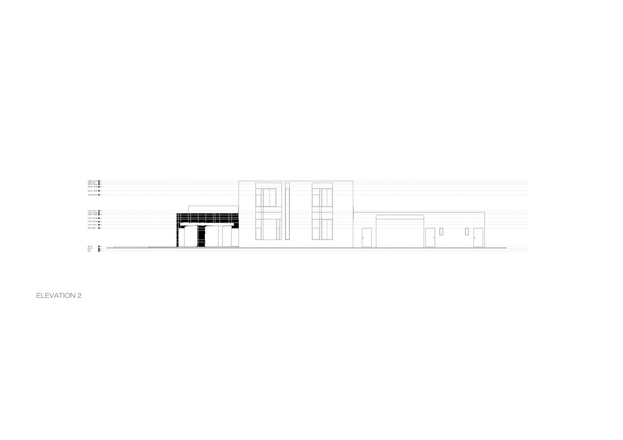 Elevation drawing repeating the two-storey block, dark screened porch and low garage wing along a single ground line