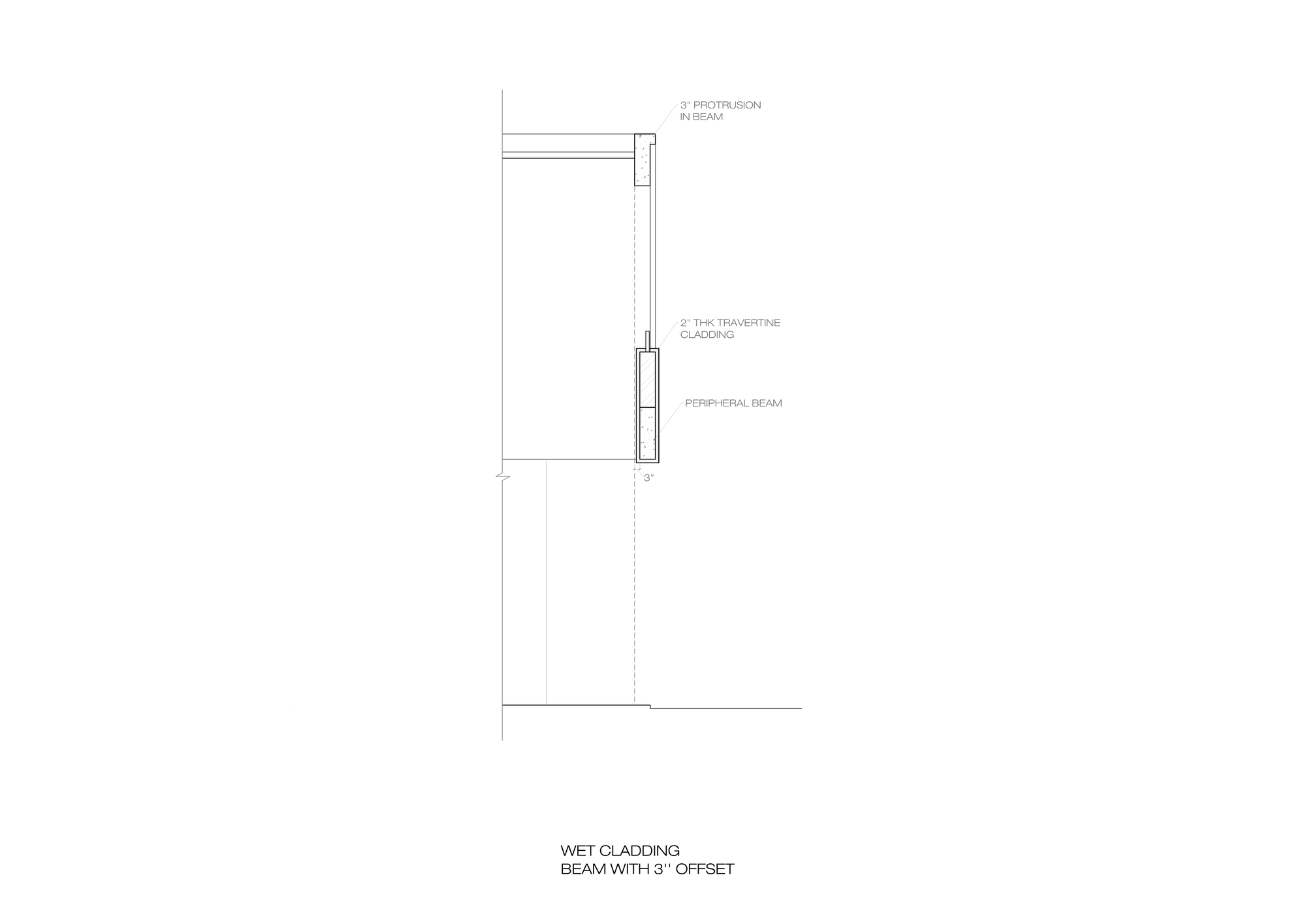 Detail section drawing of wet-applied travertine cladding on a peripheral beam set three inches off the line of the upper beam