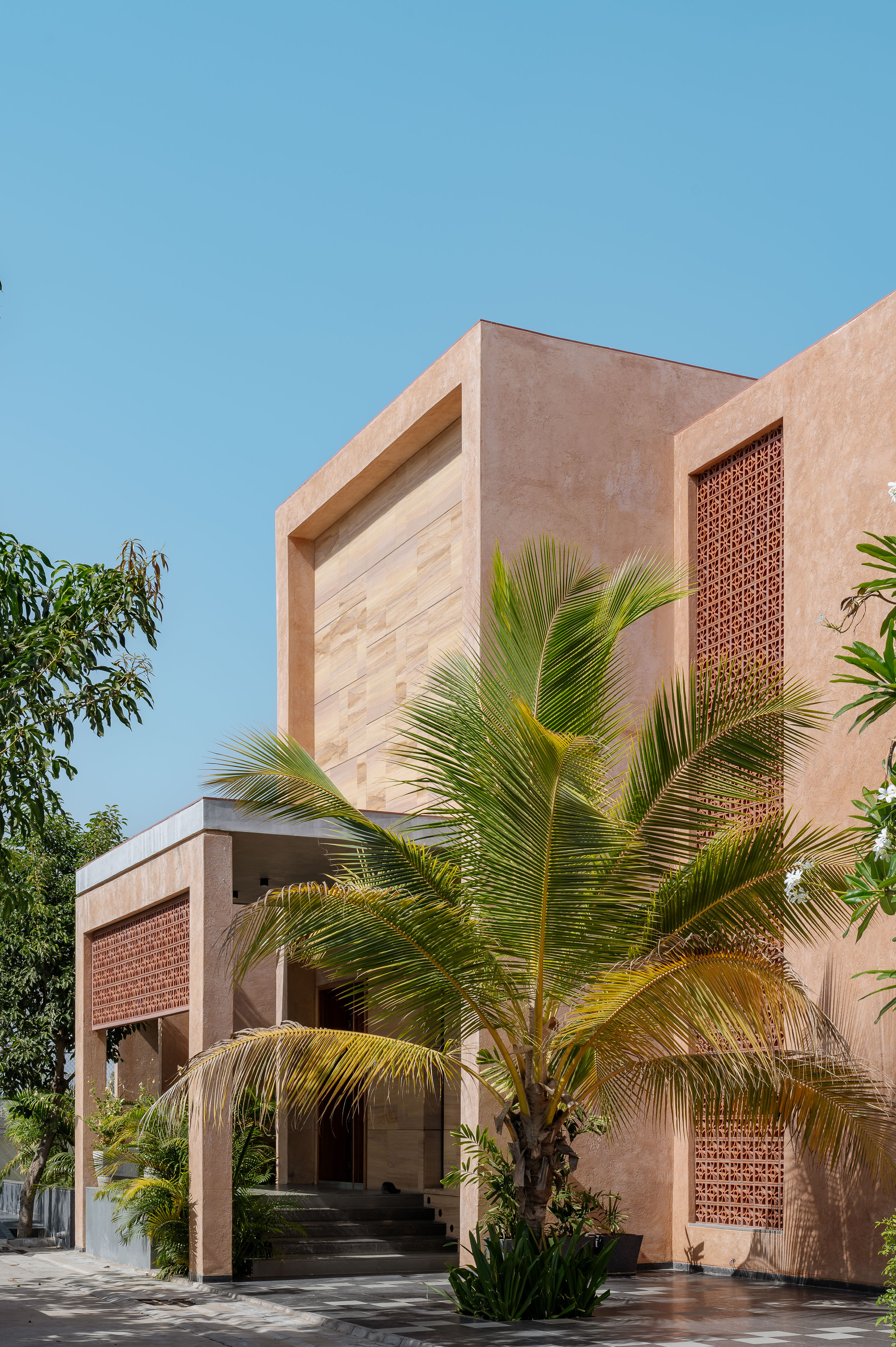 Entrance porch with a brick lattice panel and stepped approach, a coconut palm rising in front under a clear blue sky