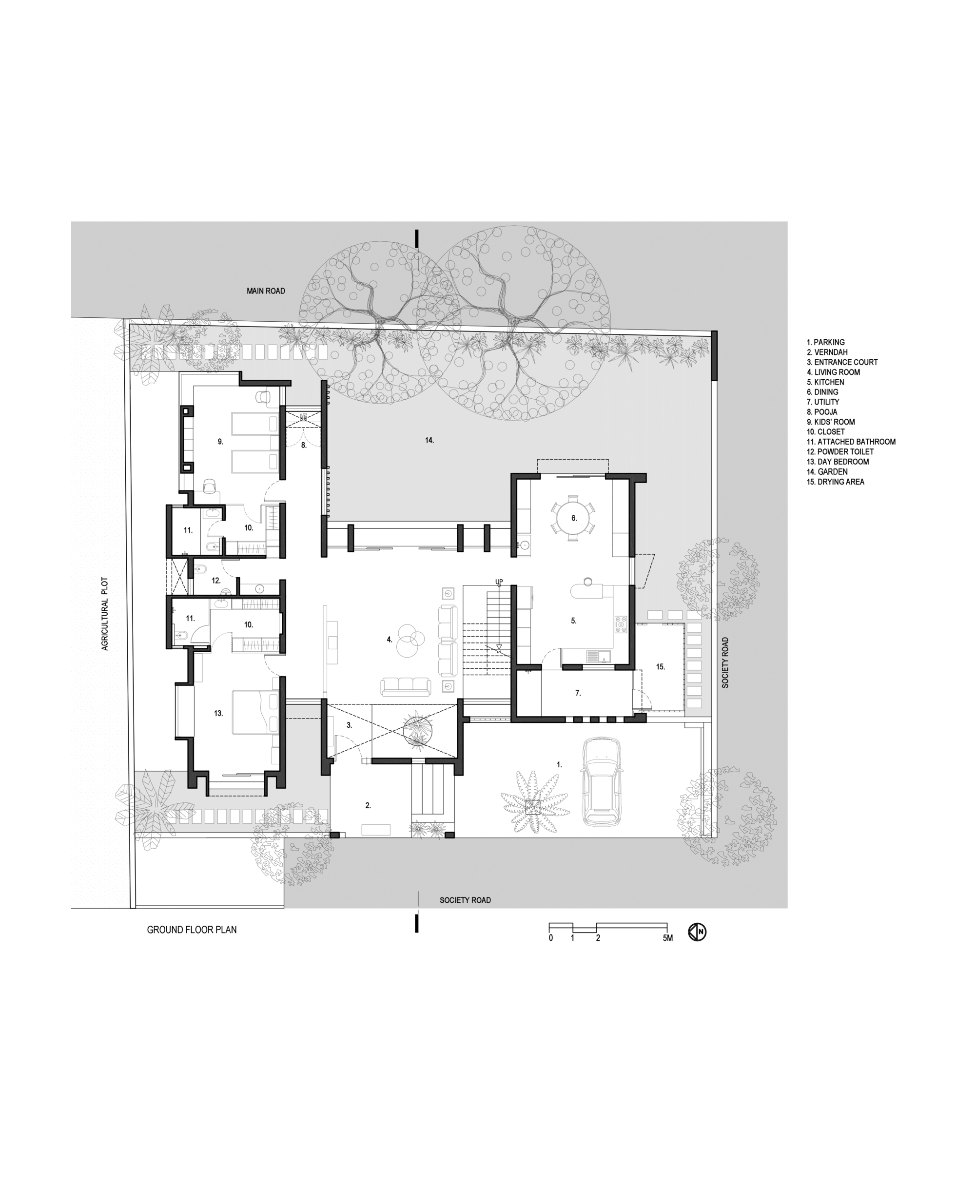 Ground floor plan drawing showing rooms arranged around a central living space, with a garden, parking bay and entrance court