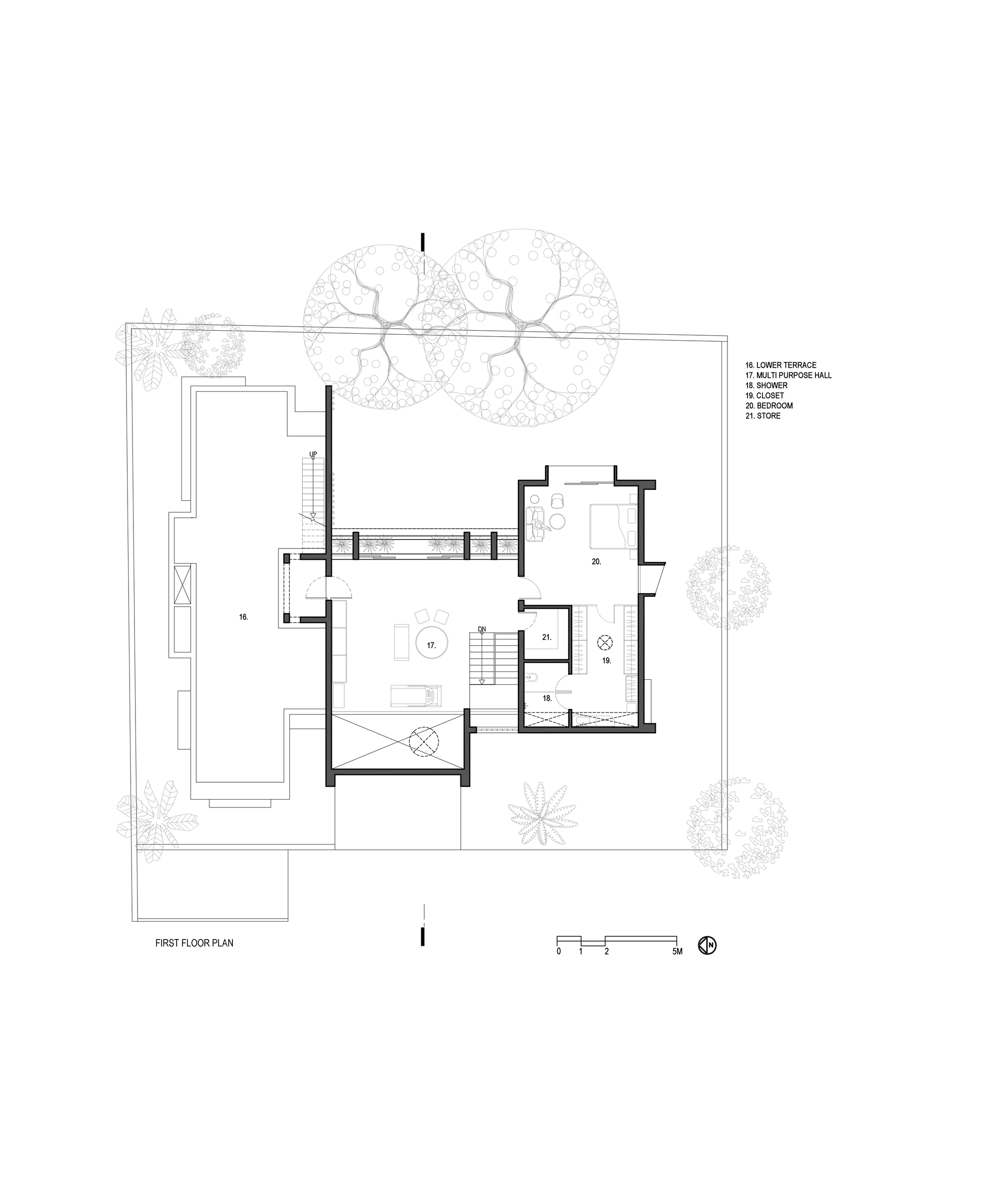 First floor plan drawing showing a multipurpose hall, a bedroom with closet and store, and a lower terrace beside tree canopies