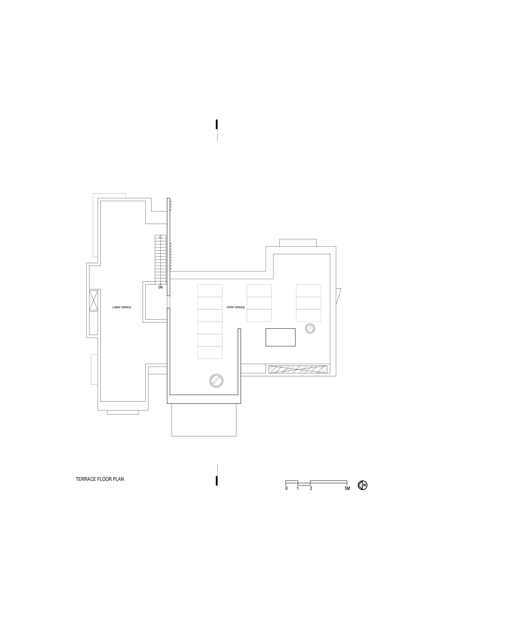 Terrace floor plan drawing showing a lower terrace and an upper terrace with rooftop equipment panels and a stair connection