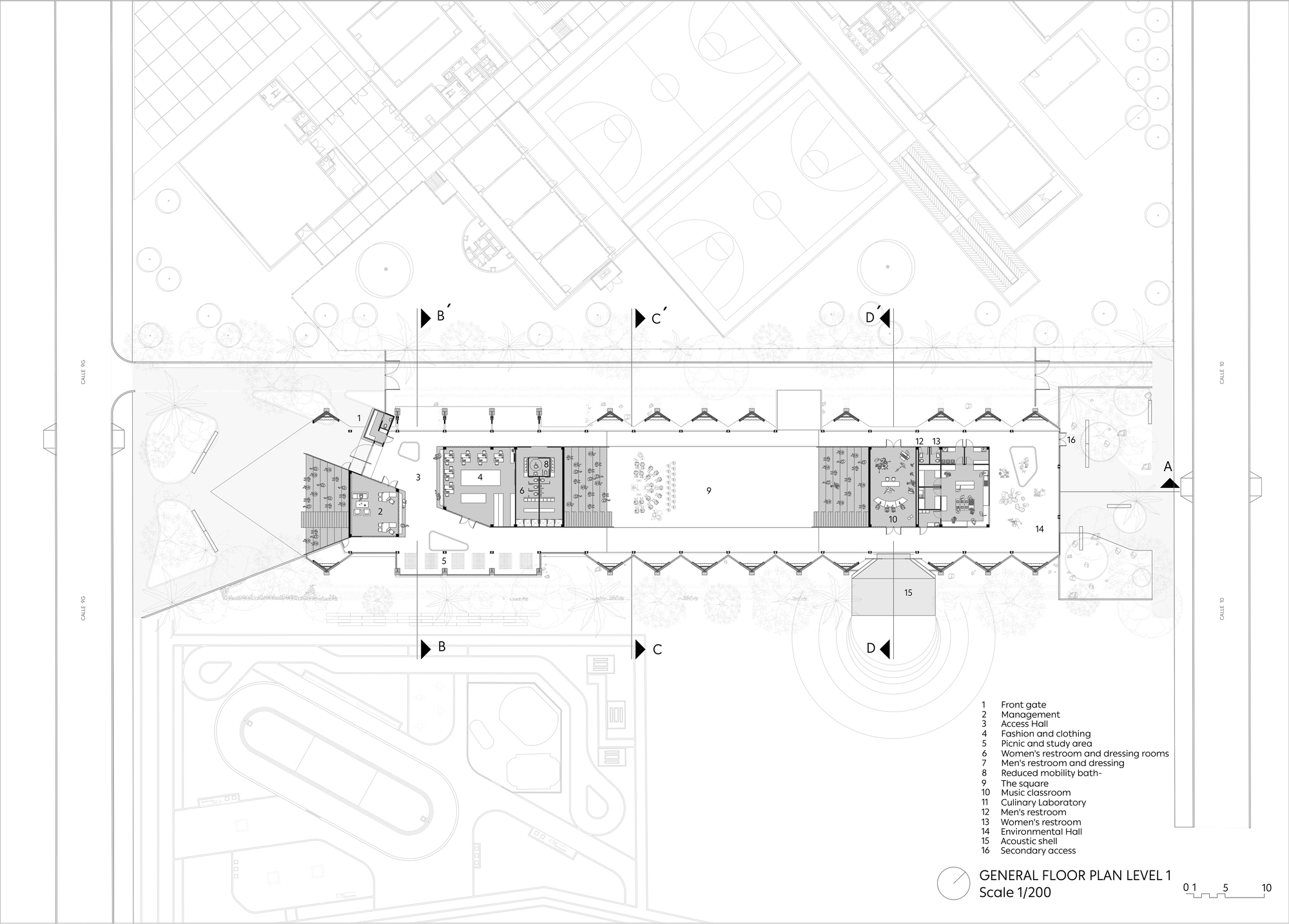 Floor plan drawing of the ground level showing enclosed rooms along a long central square, with numbered legend and section cut lines