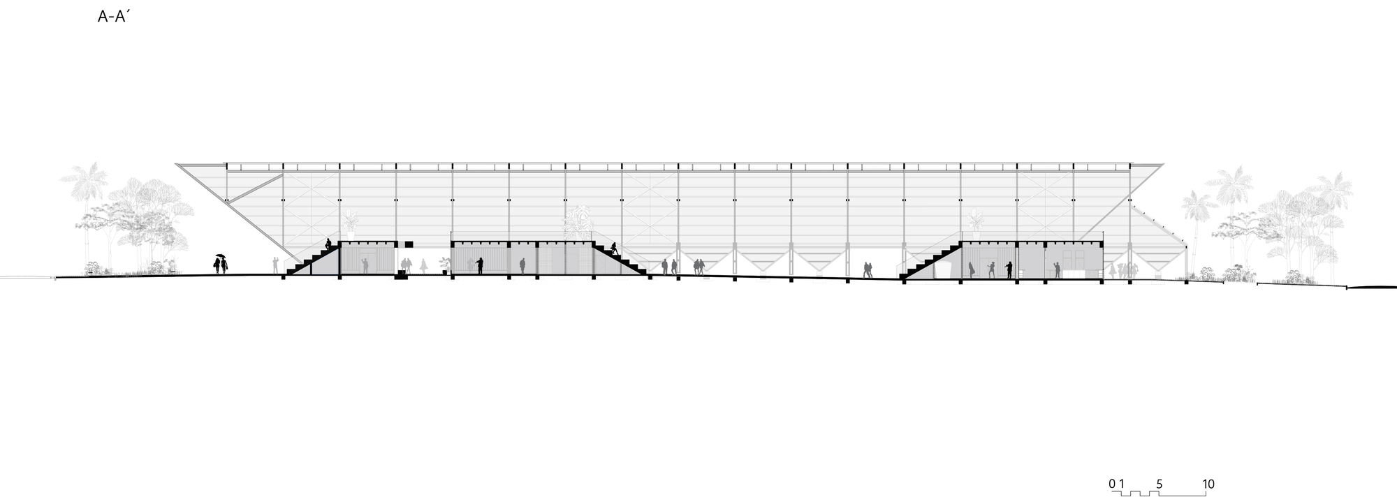 Longitudinal section drawing showing the full-length timber roof frame above stepped volumes, with small figures and palm trees at both ends