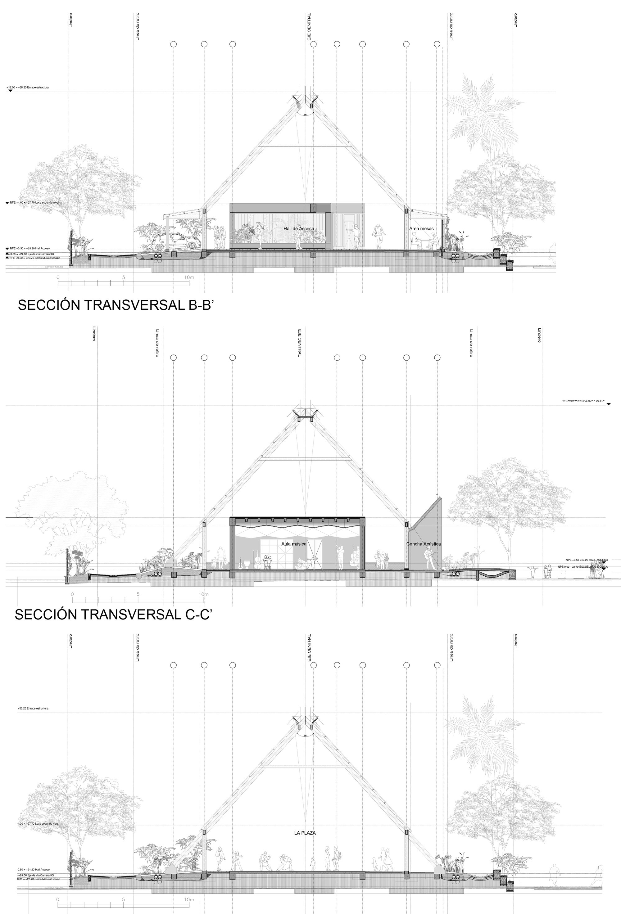 Three cross-section drawings of the A-frame timber structure, showing a lobby, a music classroom and the open plaza with trees and figures