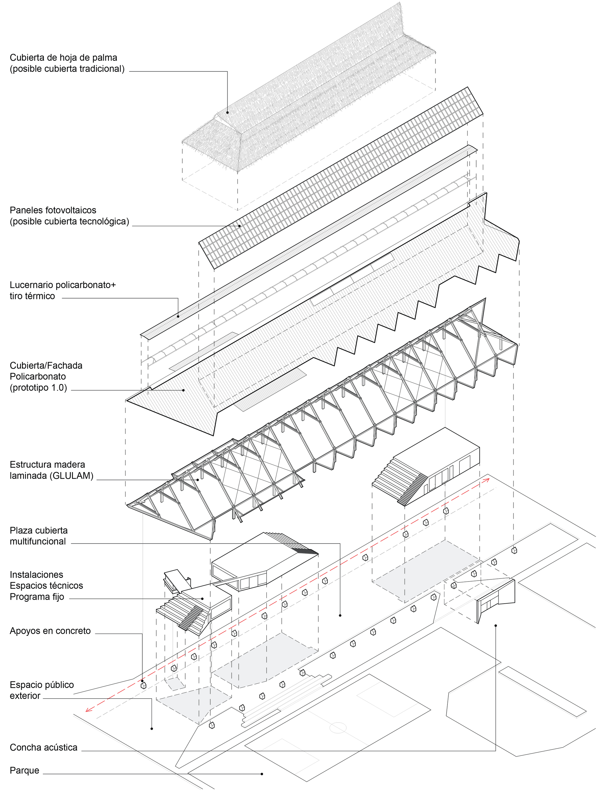 Exploded axonometric drawing separating the palm leaf roof, photovoltaic panels, polycarbonate skylight, laminated timber frame, concrete supports and service v