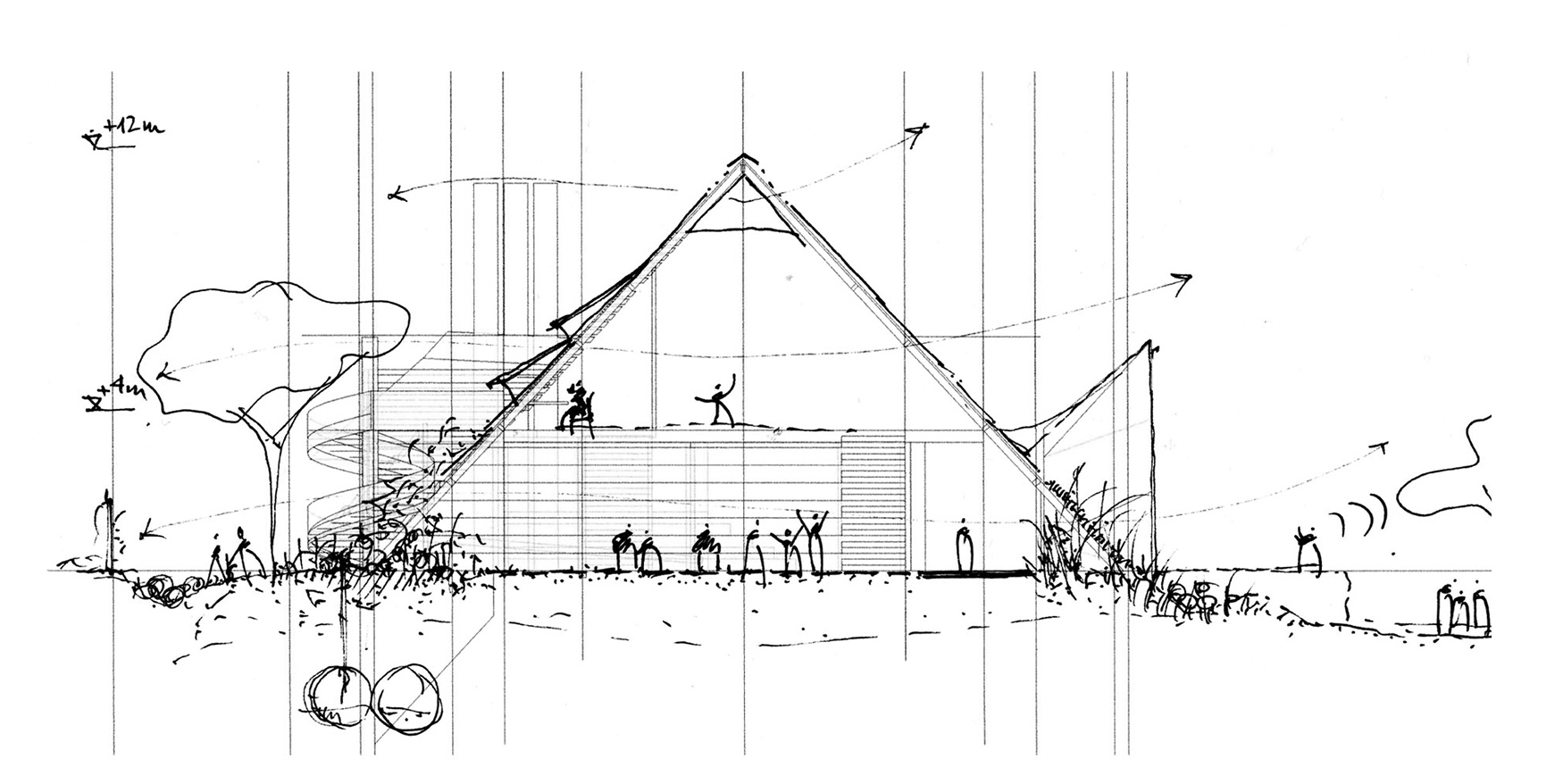 Hand-drawn section sketch of a steep triangular roof over a low timber-clad volume, with figures on the green roof and a tree at left