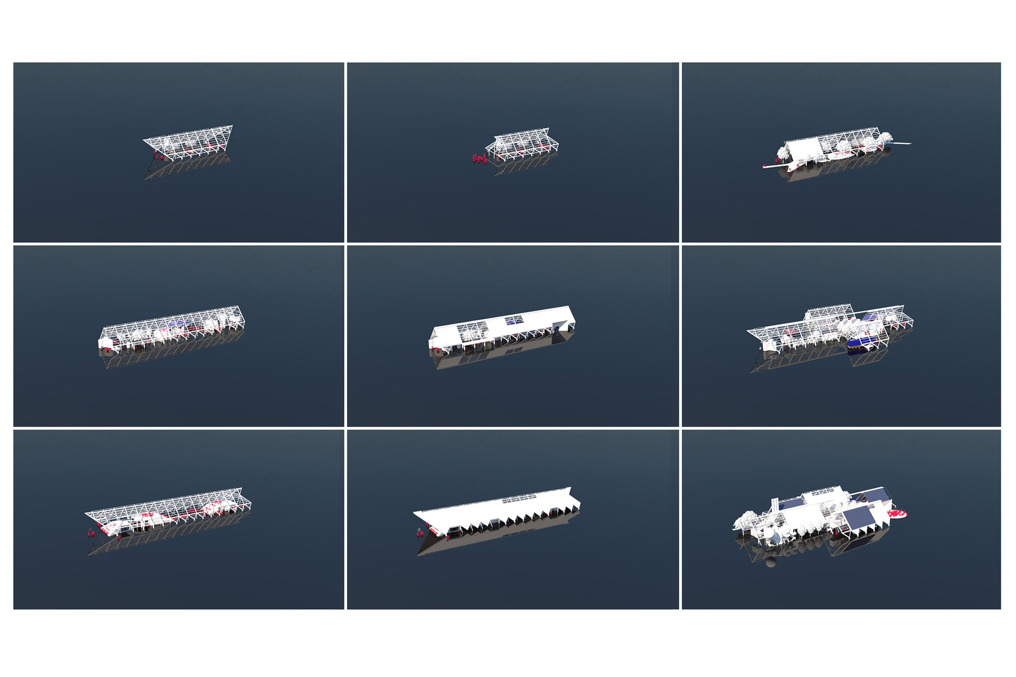 Grid of nine rendered diagrams showing a long white structural frame in different assembly and configuration stages against a dark blue background