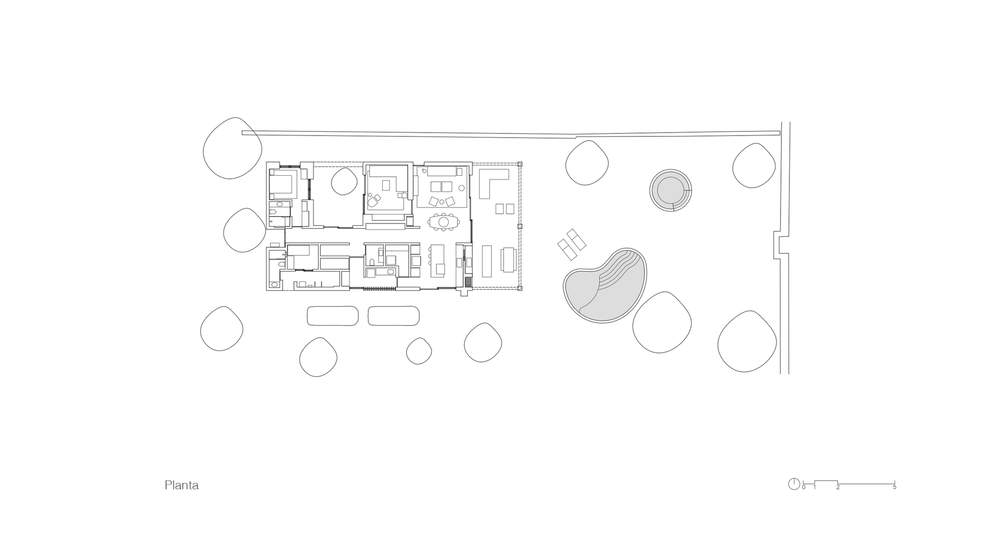 Ground floor plan drawing showing rooms in a rectangular block, with a kidney-shaped pool and scattered trees in the garden