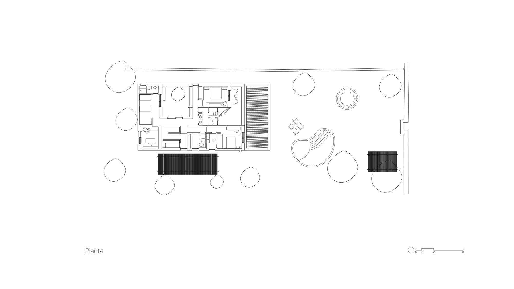 Upper floor plan drawing showing bedrooms and bathrooms, a slatted terrace beside the block, dark pavilions and the garden pool