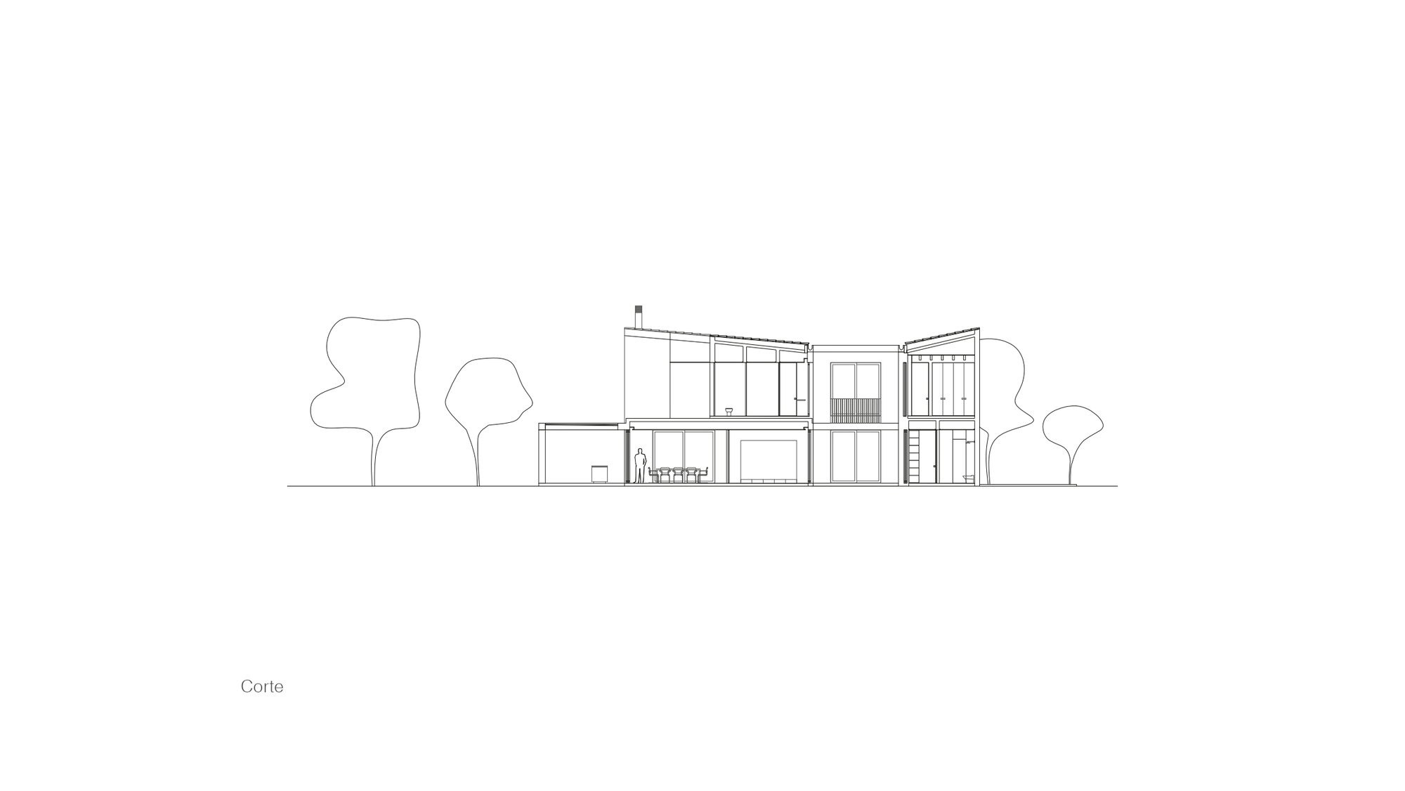 Building section drawing of a two-storey house with sloped roofs, glazed openings, a figure at the dining area and trees alongside