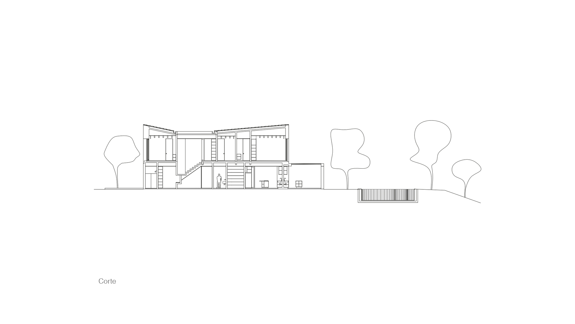 Building section drawing through a two-storey house with a staircase and butterfly roof, with a sunken pool and trees beyond