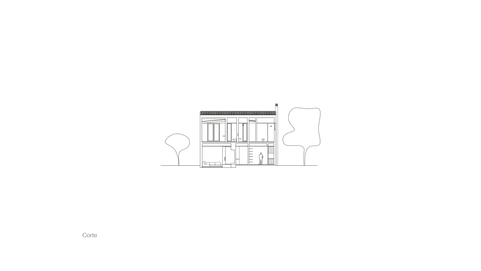 Section drawing of a two-storey house showing living space below, bedrooms above, a chimney flue and a standing figure between two trees