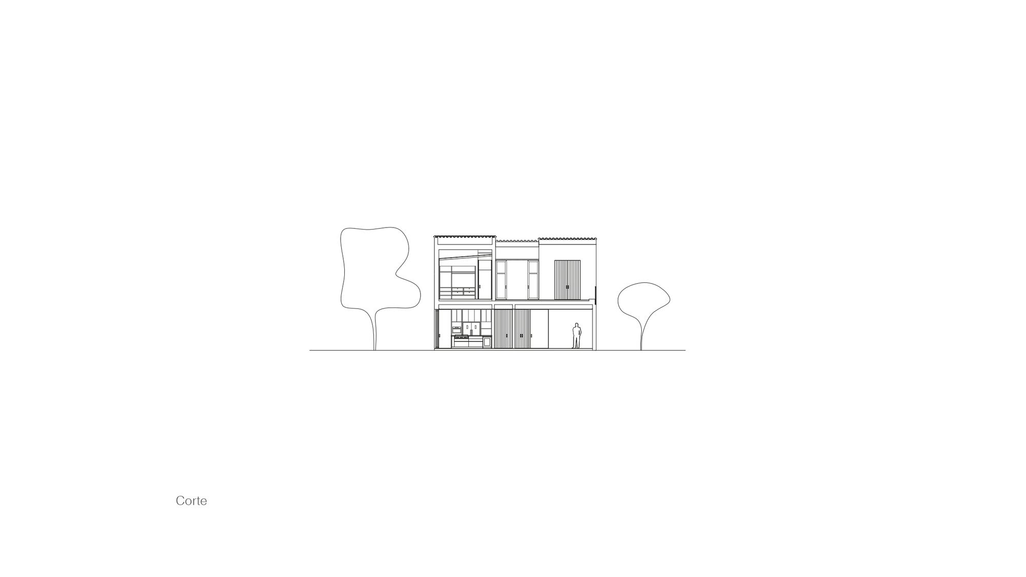 Section drawing cutting through a two-storey house with shuttered openings, a kitchen below and stepped roof volumes beside two trees
