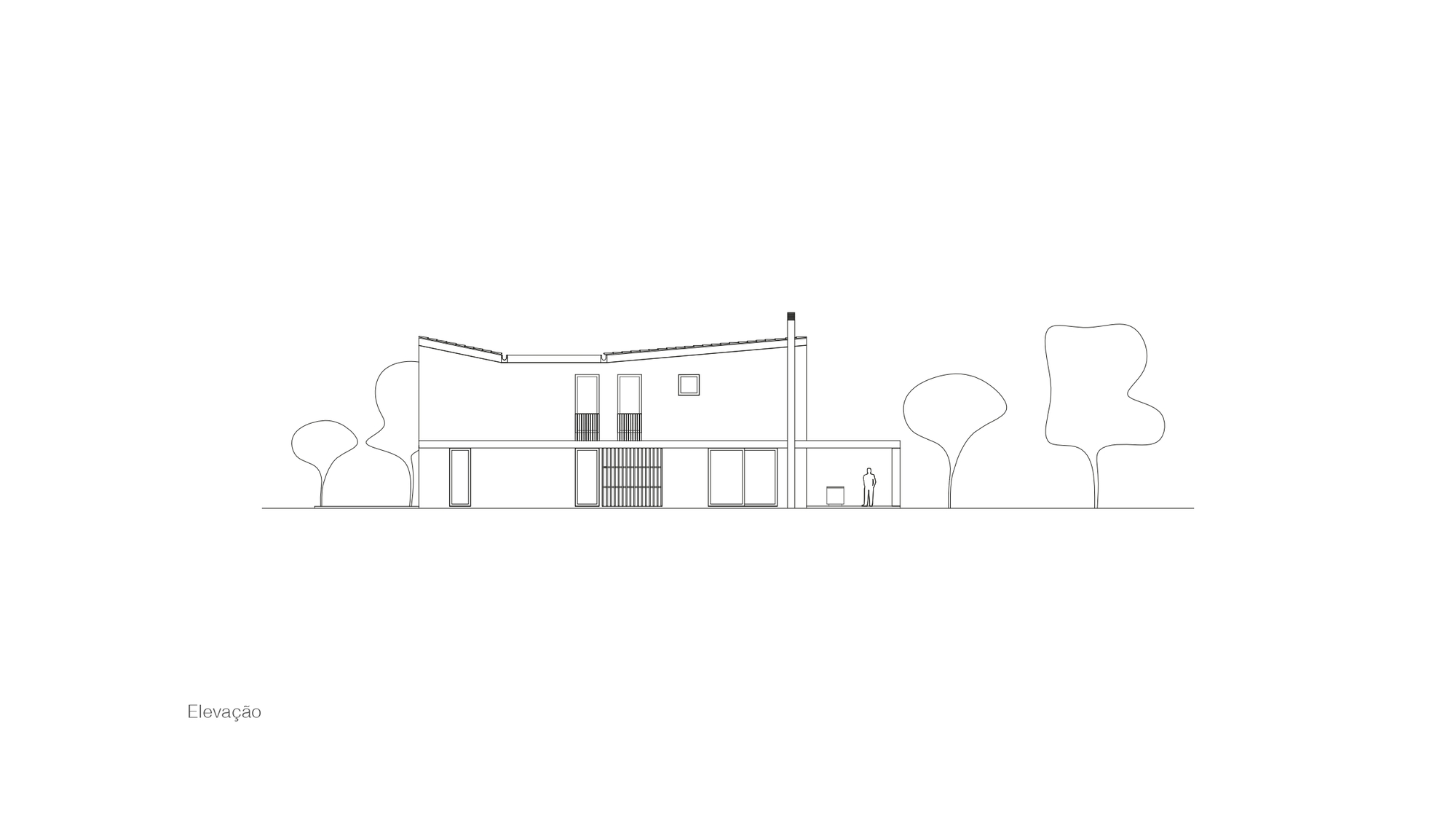 Elevation drawing of a two-storey house with a butterfly roof, slatted panel, tall chimney flue and a low canopy beside trees