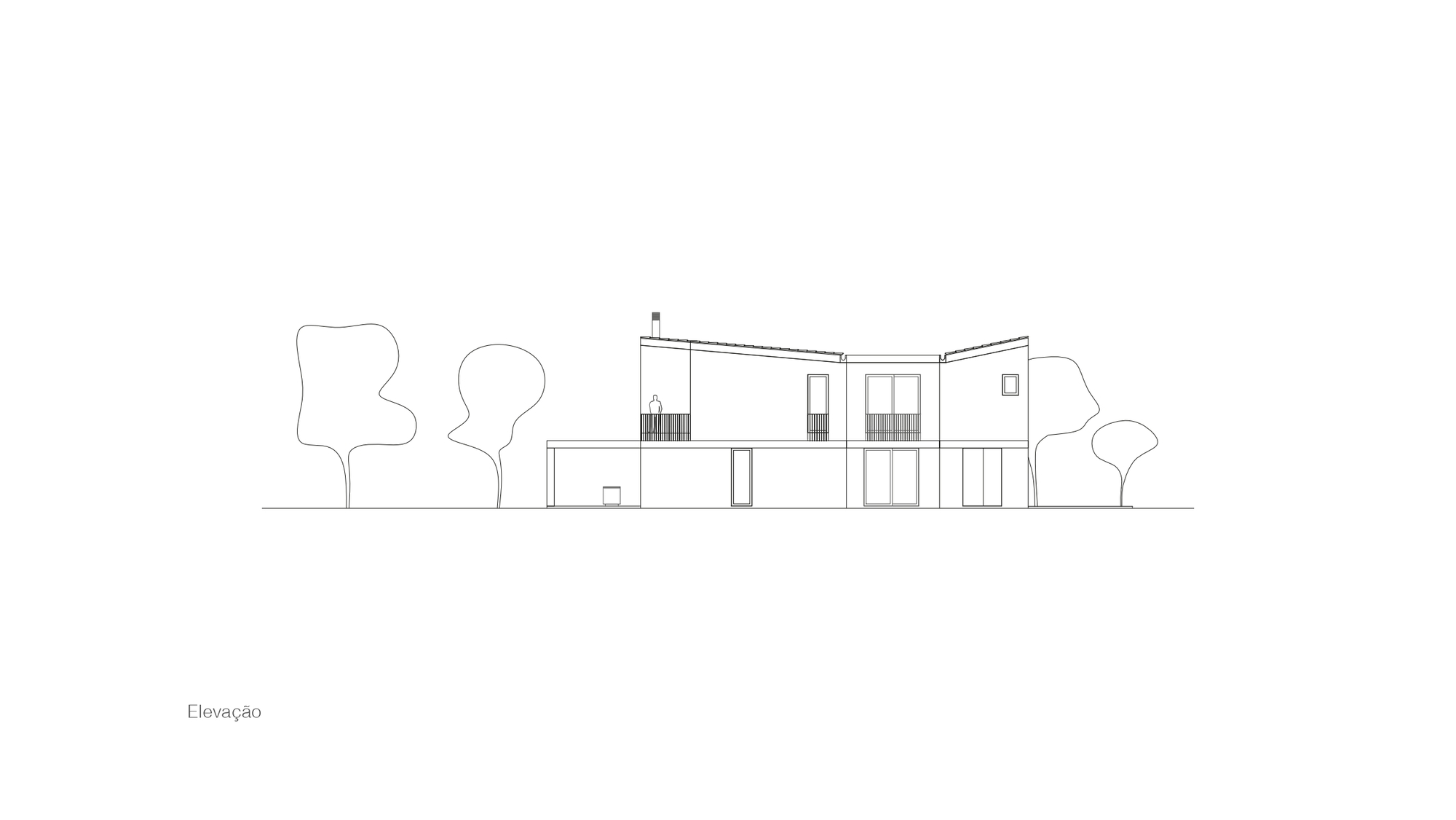 Elevation drawing of the house with a V-shaped roof, railed upper balconies, a small square window and trees on both sides
