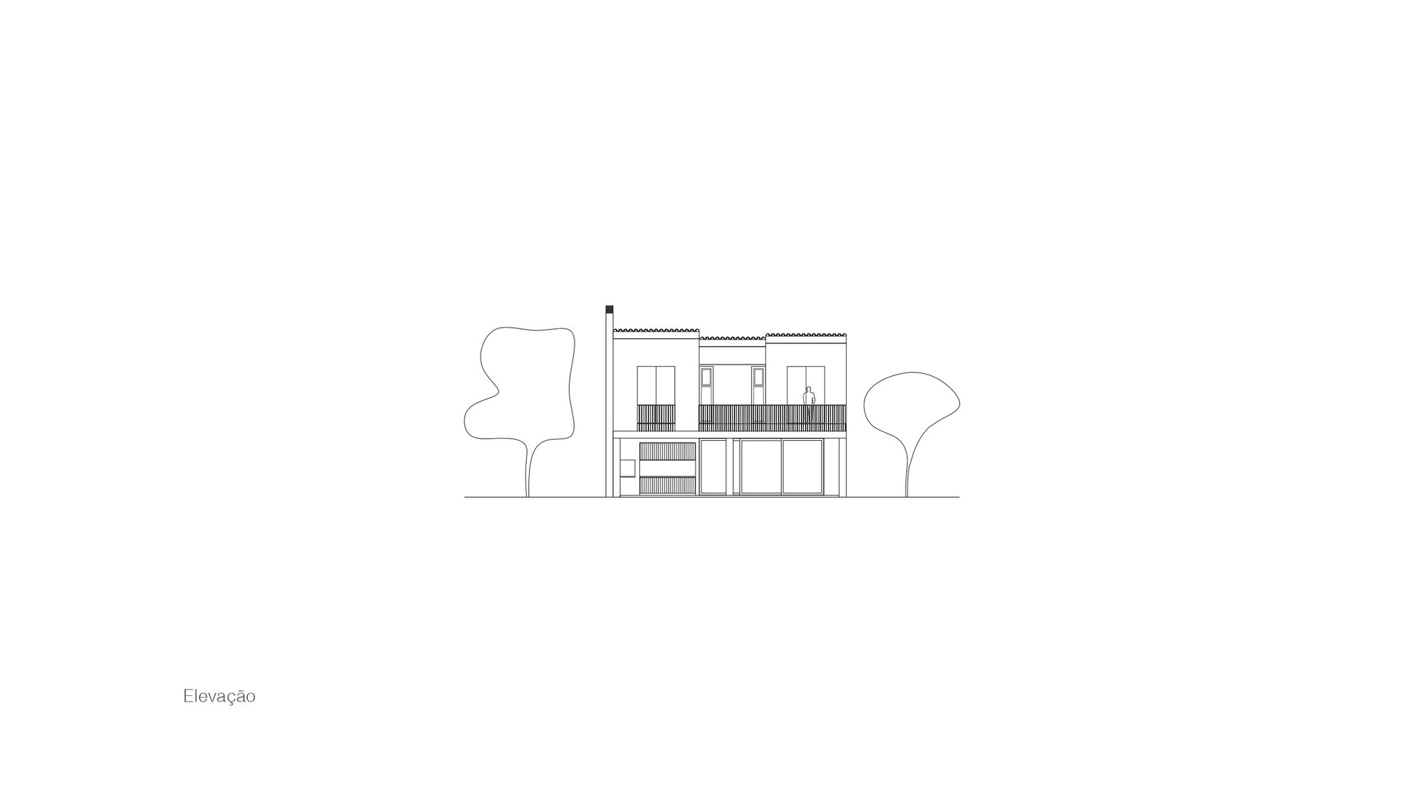 Elevation drawing of a stepped three-part house with a long balcony railing, glazed ground floor, chimney and a figure on the upper level