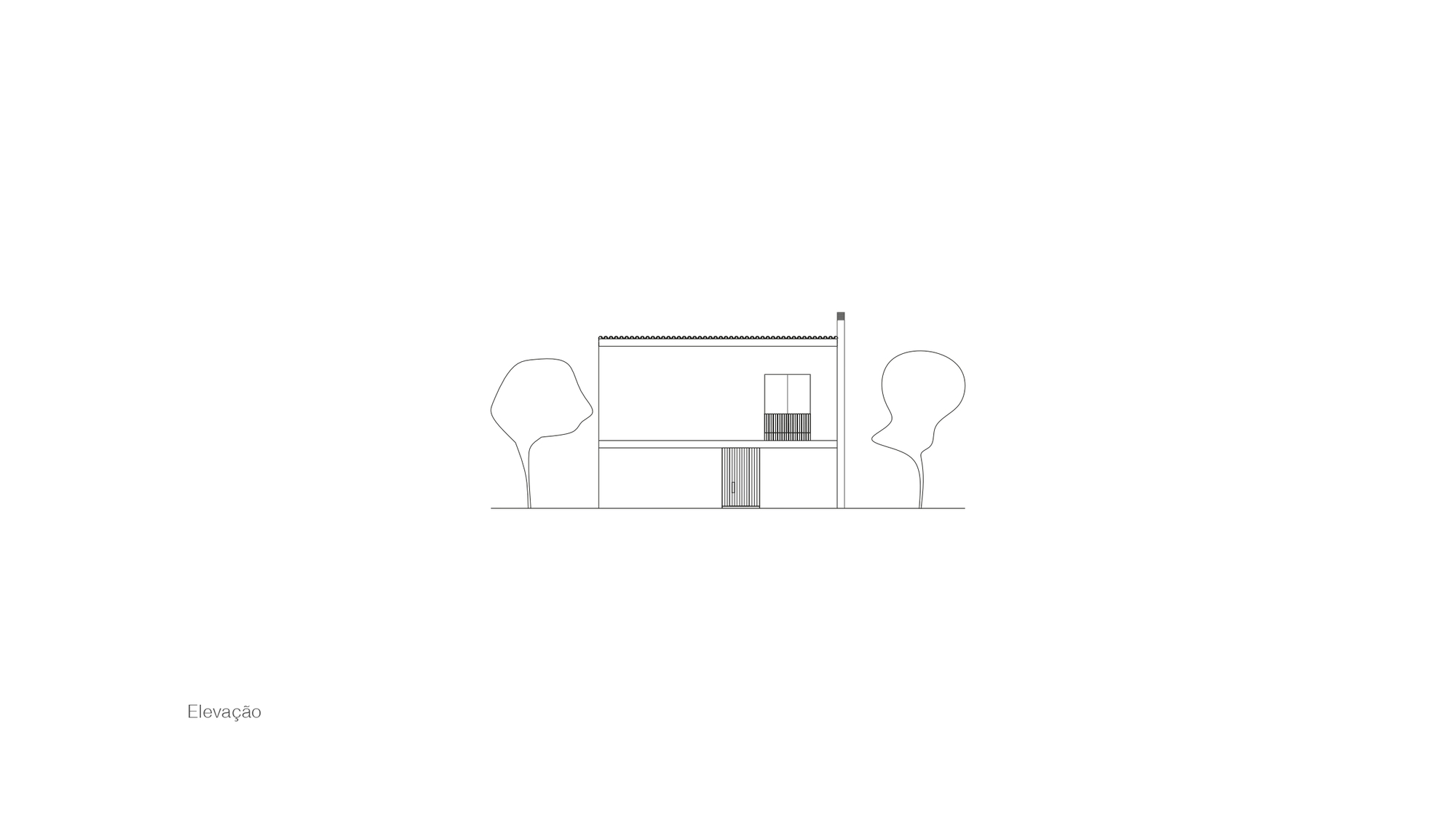 Elevation drawing of a plain two-storey end facade with one railed window, a slatted door and a chimney flue between trees