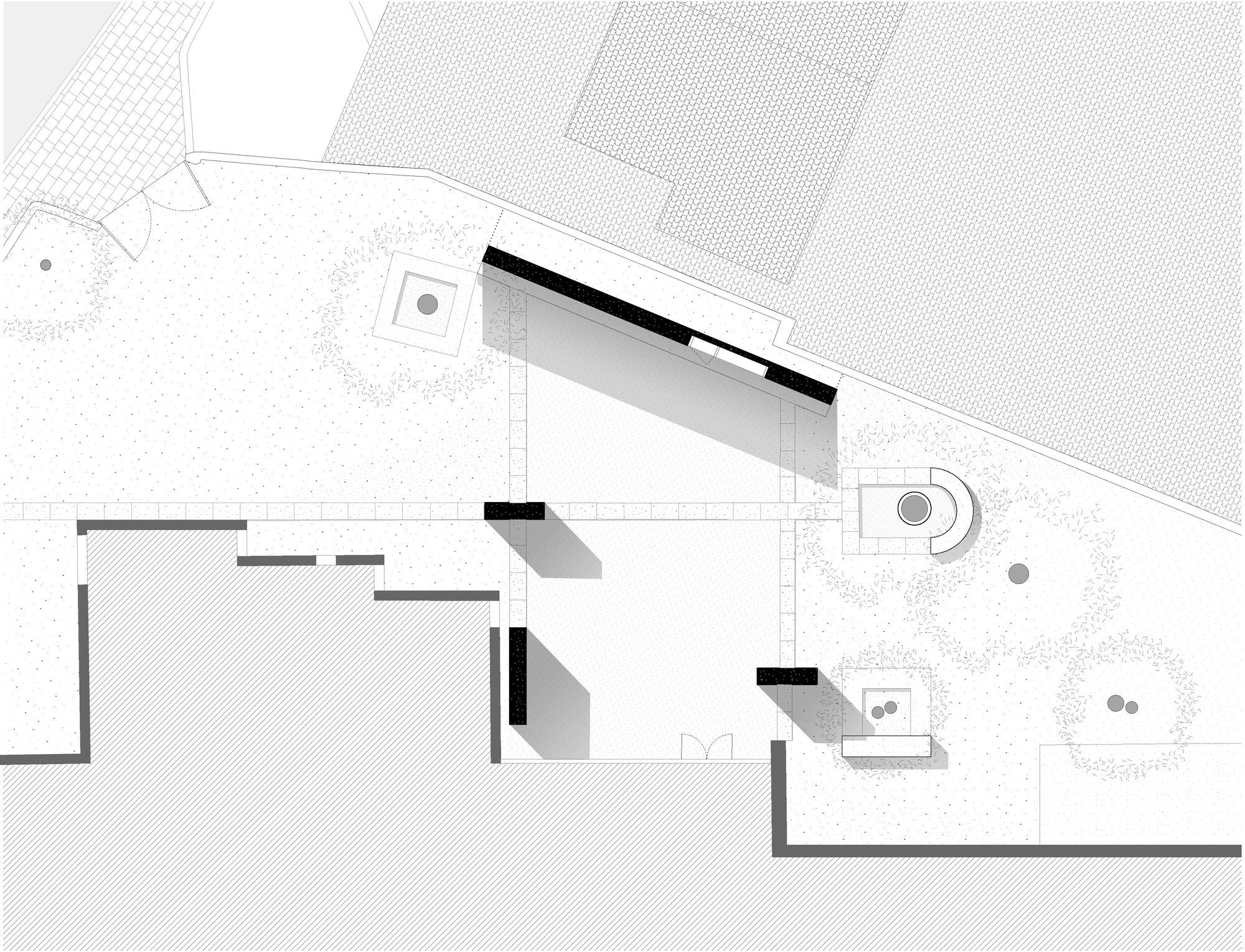 Site plan drawing showing a pavilion with black wall segments and cast shadows, set between garden beds and neighbouring building footprints