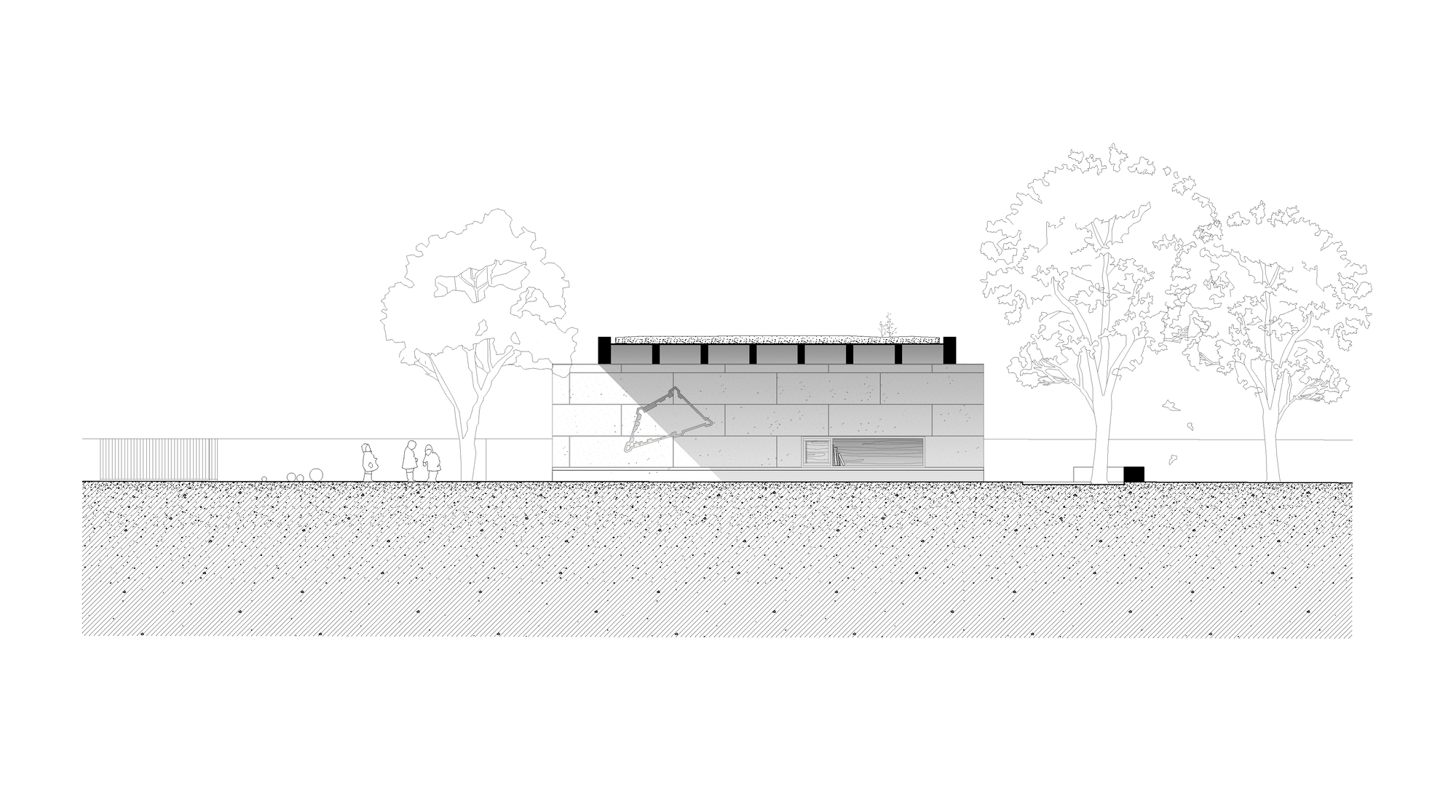 Elevation drawing of a low stone-clad pavilion with a planted roof, flanked by tall trees and three small figures walking