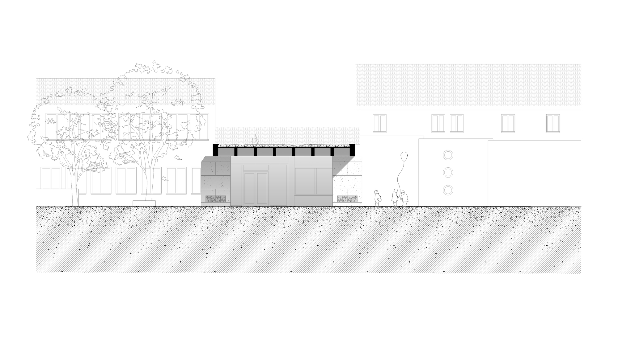 Elevation drawing of the pavilion's glazed entrance front between two stone wings, with school buildings behind and children holding a balloon