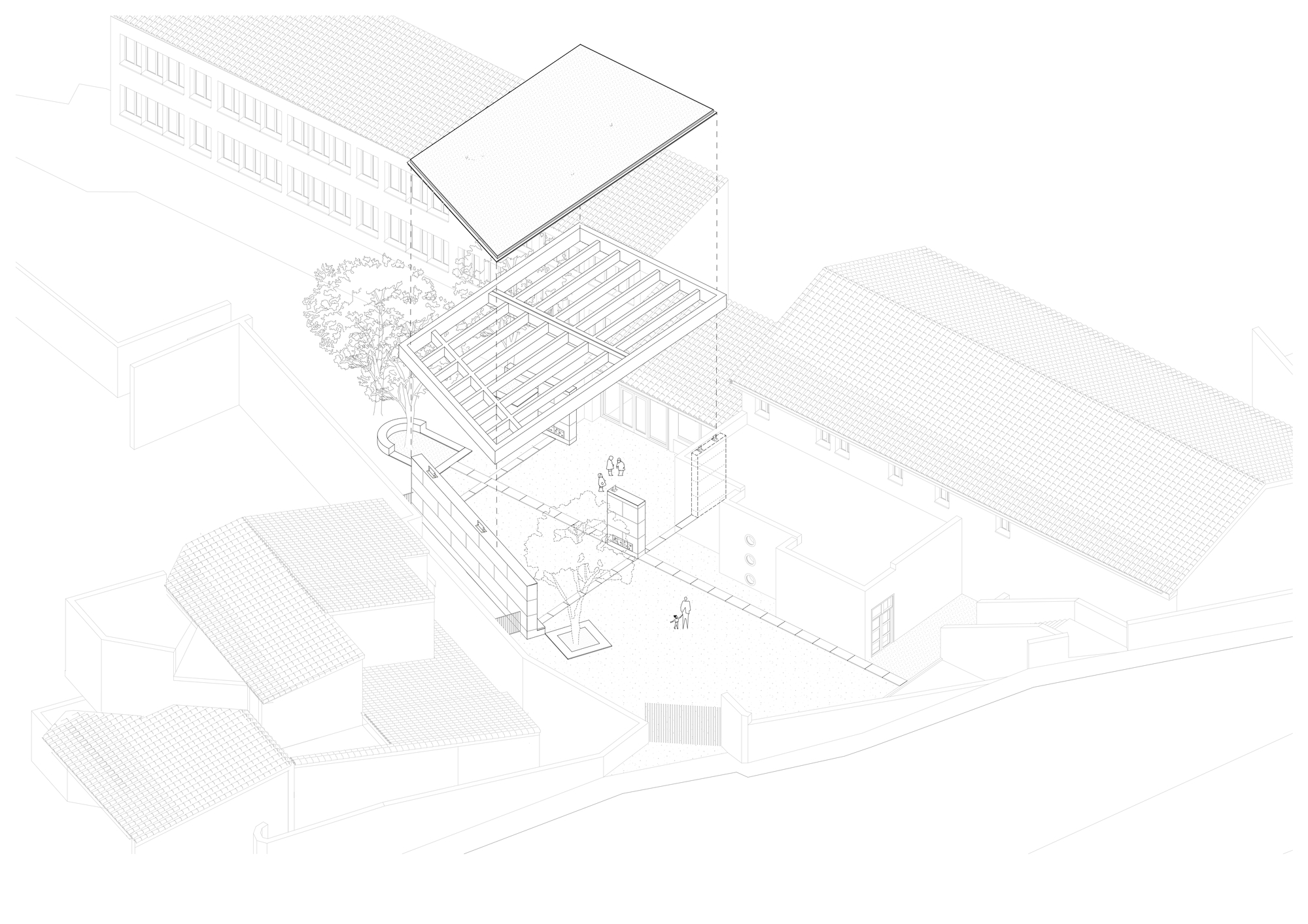 Exploded axonometric drawing lifting the roof and timber joist grid above a courtyard with a tree, ringed by tiled-roof buildings