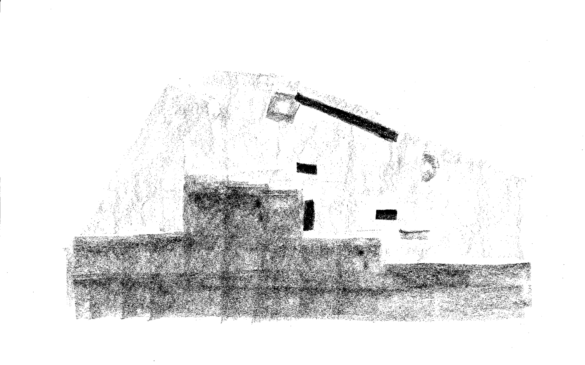 Charcoal sketch of stacked stone volumes with a slanted black beam and small dark openings above a heavily shaded base