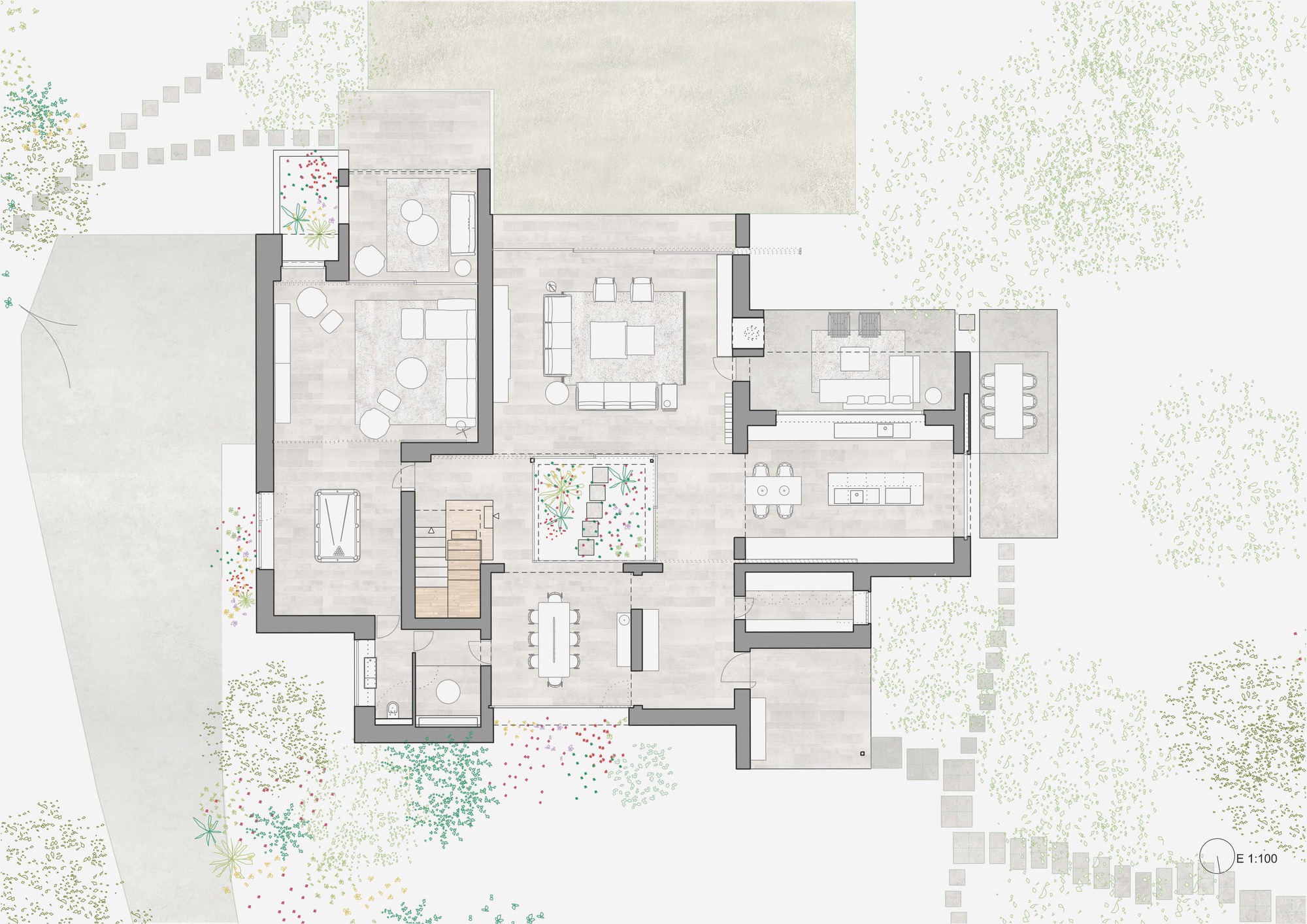 Ground floor plan drawing showing living room, dining table, kitchen island and staircase arranged around a planted inner courtyard, with stepping stones and tr