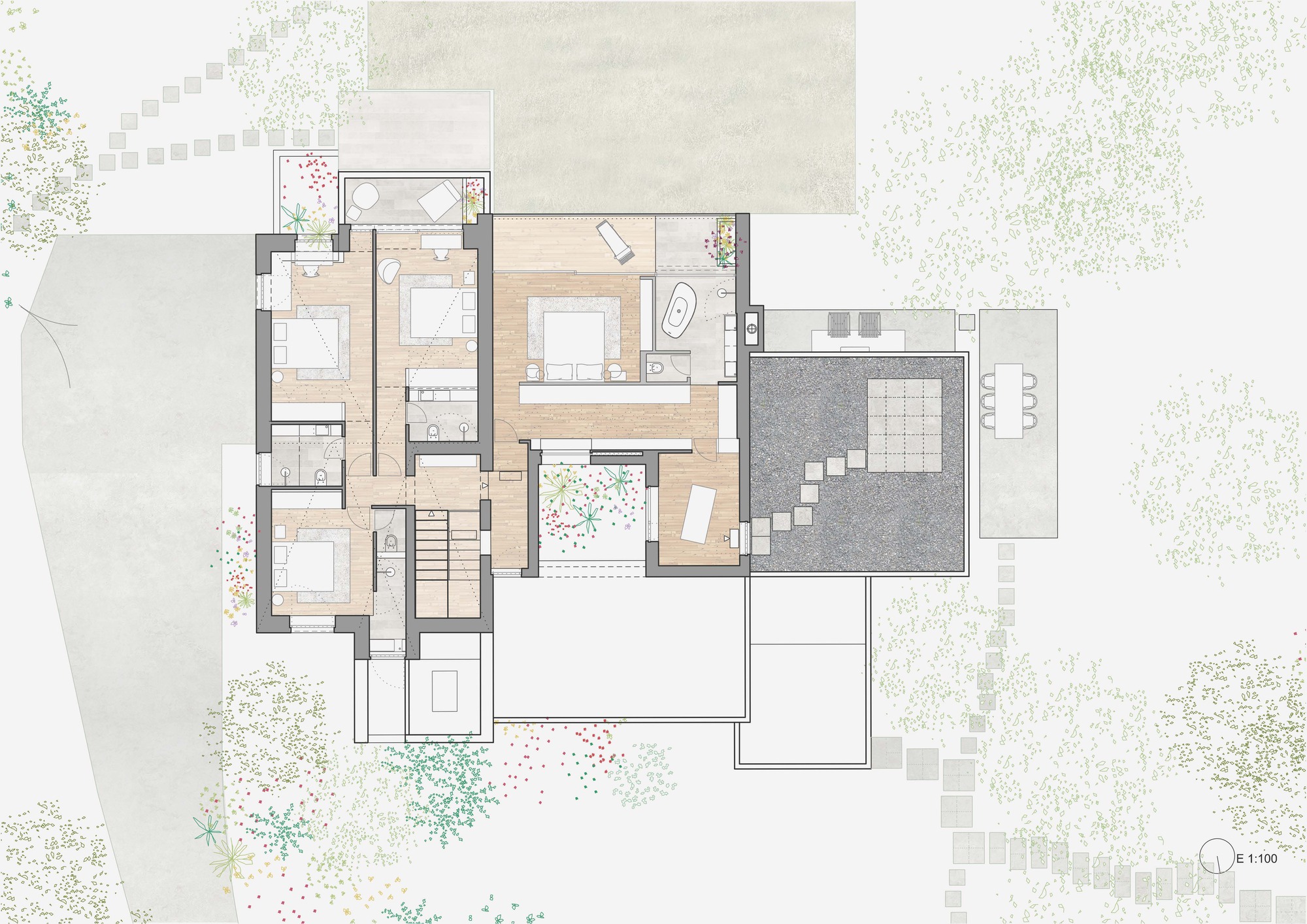 Upper floor plan drawing showing bedrooms, bathrooms and a gravel roof terrace with paving, surrounded by scattered trees and stepping stone paths