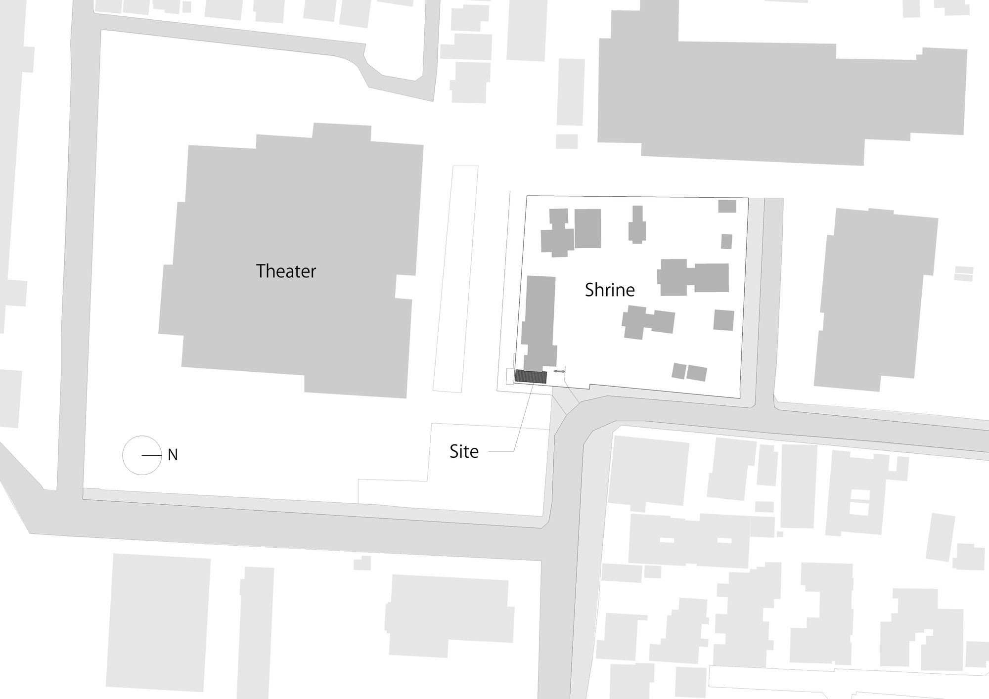 Site plan drawing showing a small building beside a shrine compound, with a theater to the west and surrounding streets