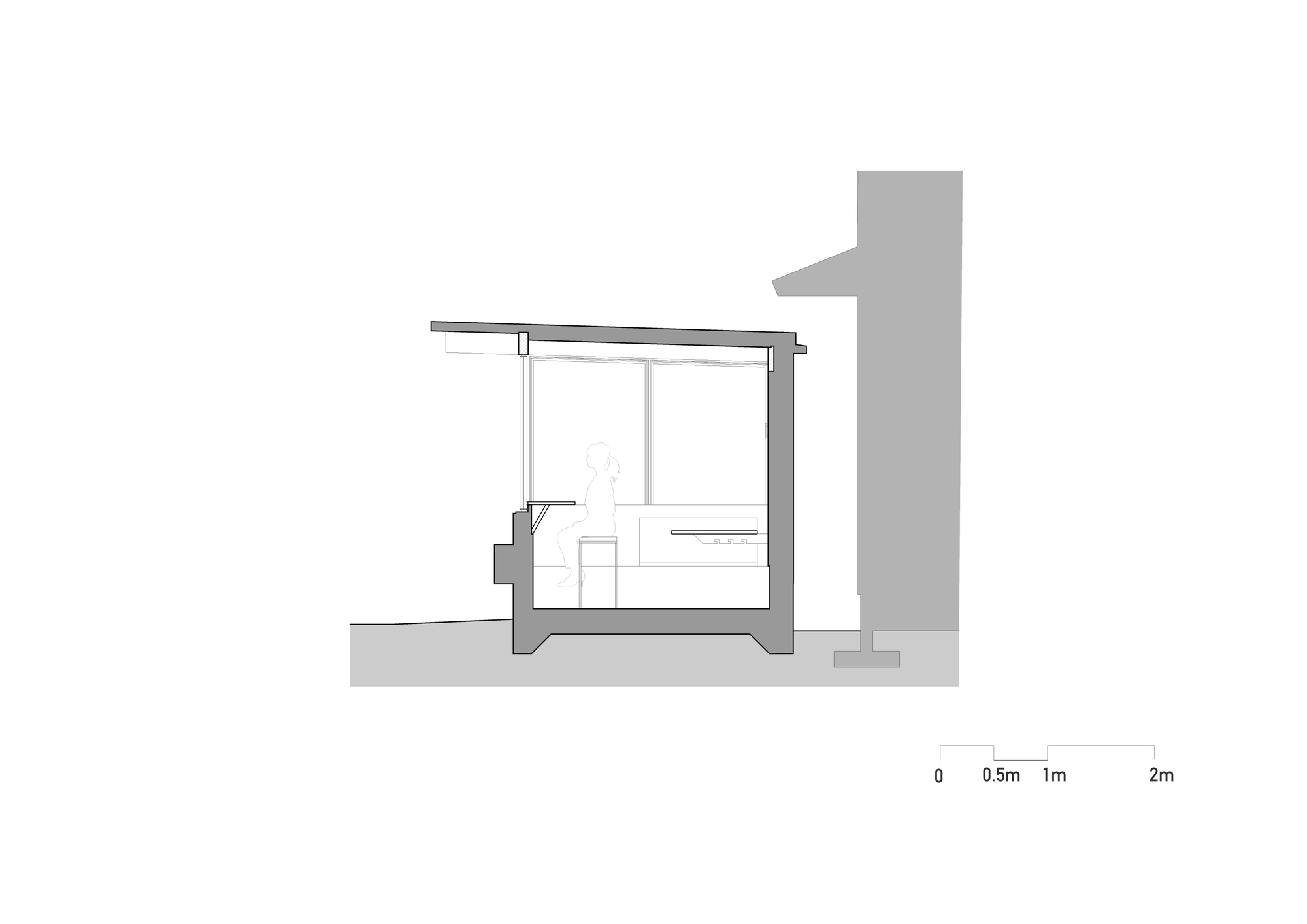 Cross section drawing of the pavilion showing a seated figure, a bench, a cantilevered roof and the neighboring building's eave at right