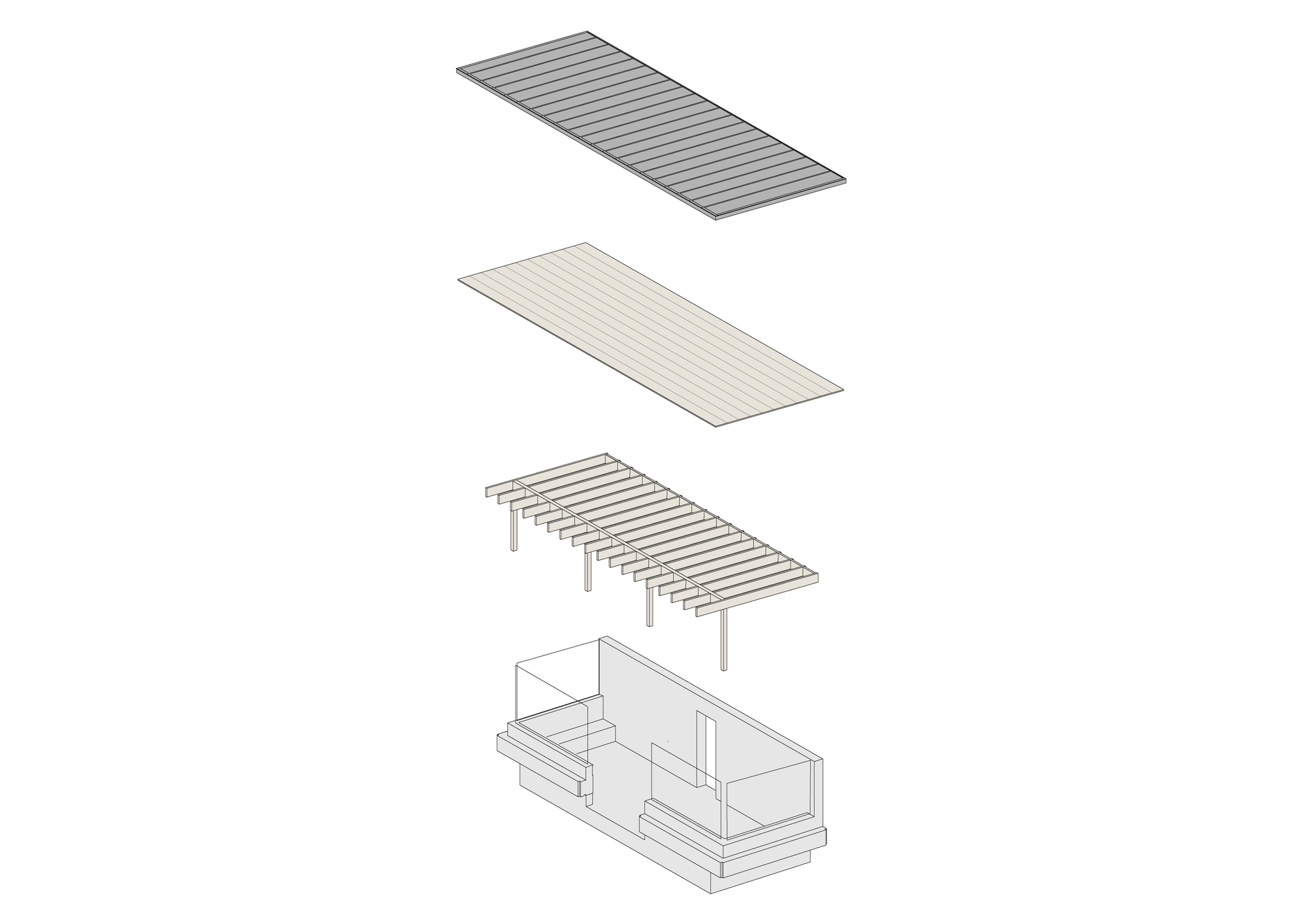 Exploded axonometric drawing separating the standing seam roof, pale decking layer, timber beam and column frame, and the glazed base volume below
