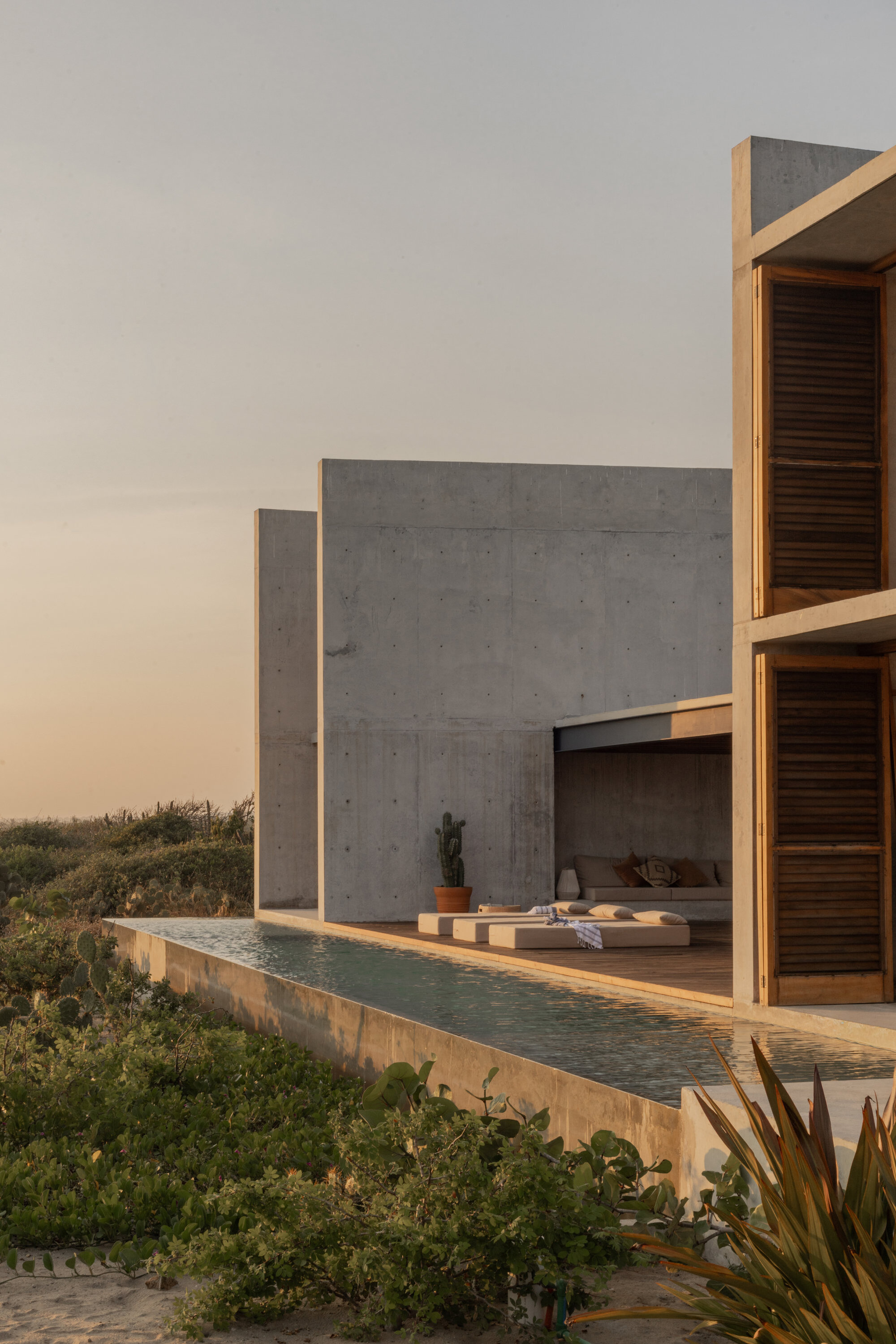 Plunge pool running along the concrete house, with wooden louvered shutters, daybeds and a potted cactus in soft evening light