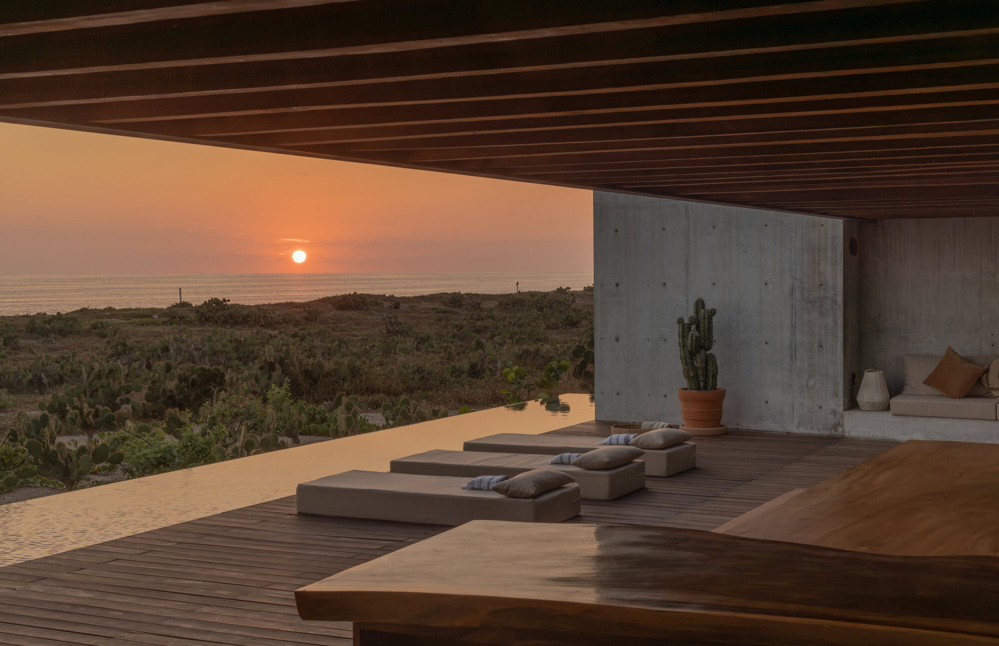 Covered timber deck with low daybeds and a potted cactus facing the ocean horizon at sunset