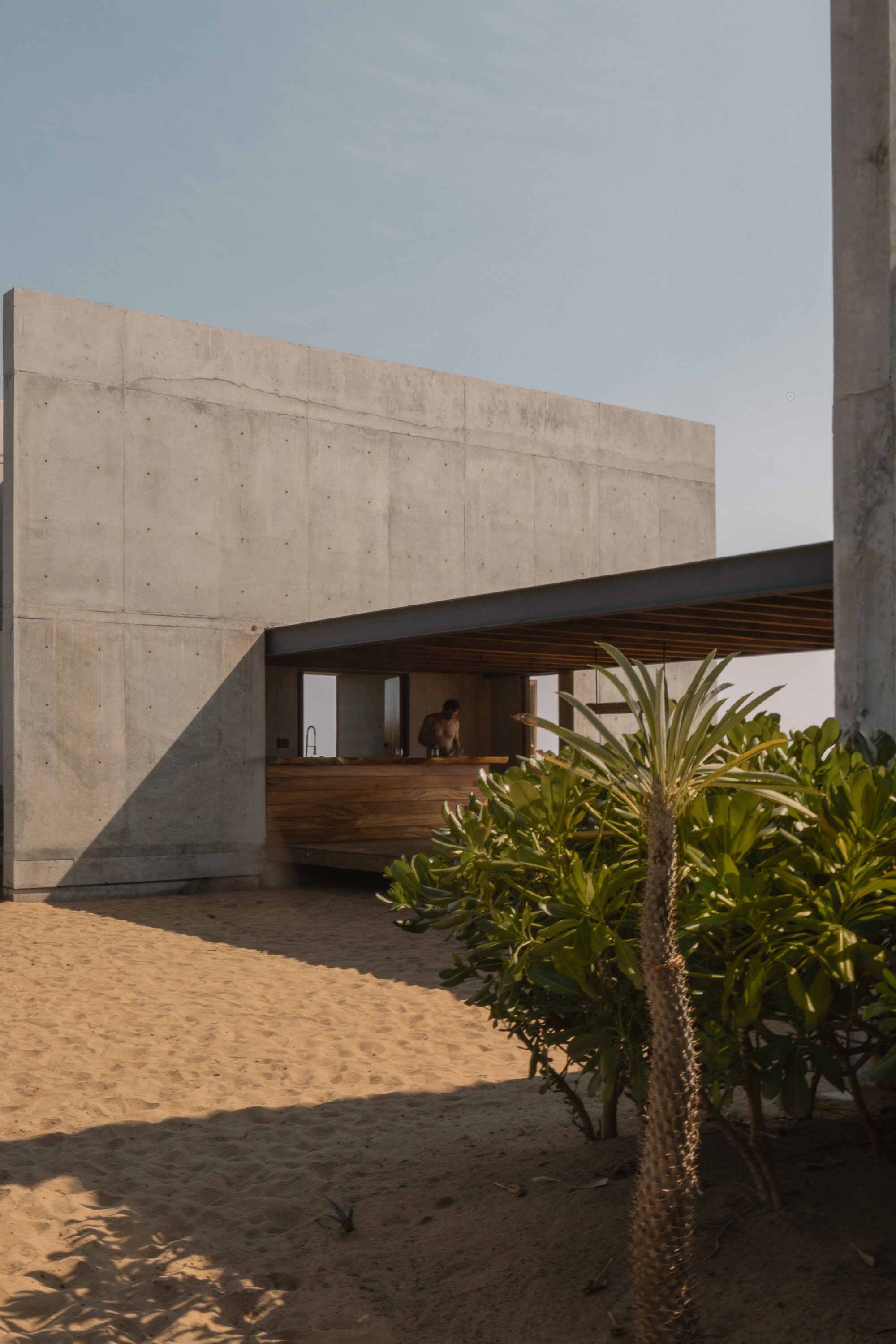 Board-marked concrete wall and cantilevered roof over a timber kitchen counter, with a person inside and sand and shrubs in the foreground
