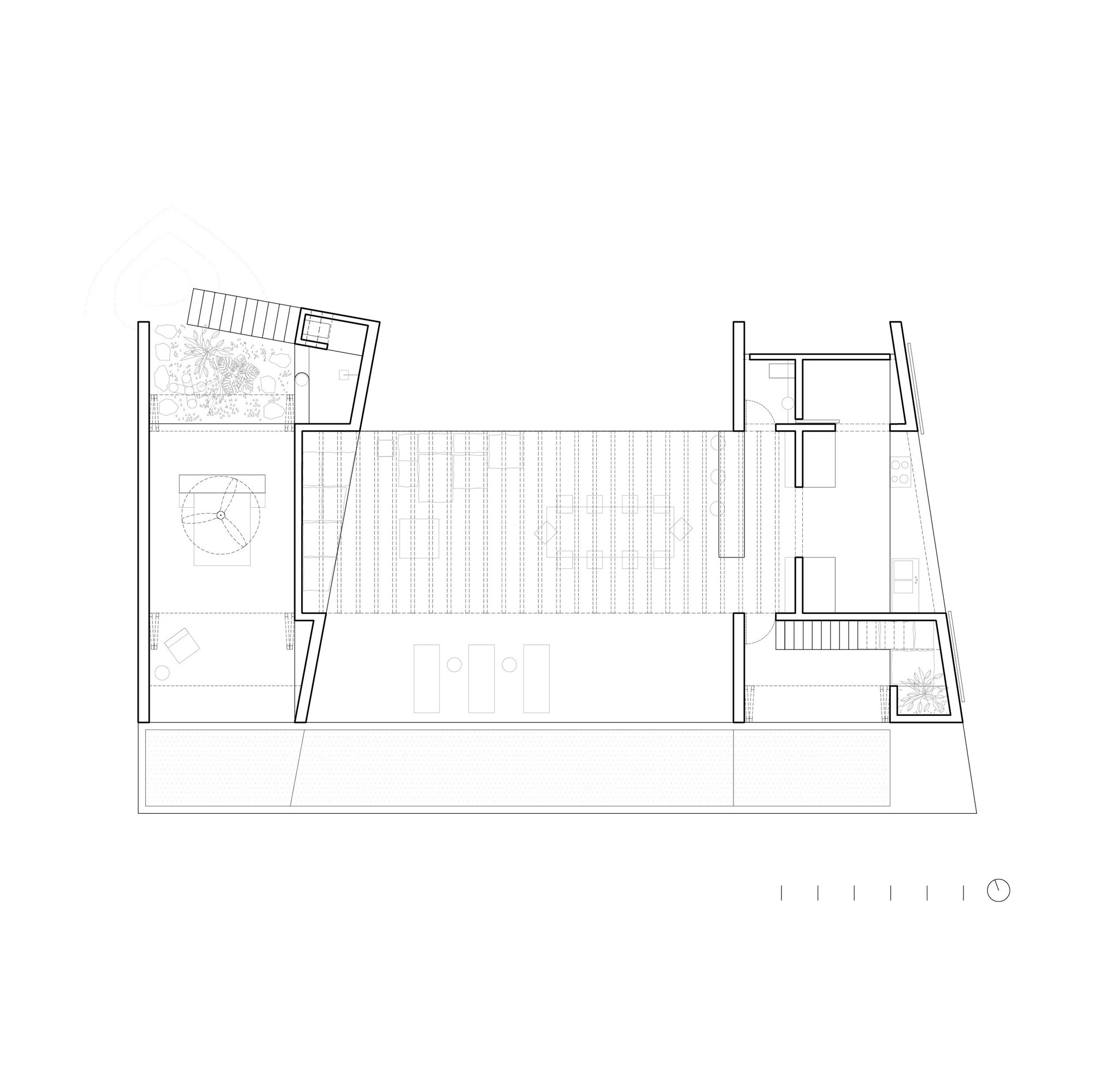 Ground floor plan drawing showing two wall-bound wings flanking a central slatted covered living space, with stairs, planted courts and a pool strip