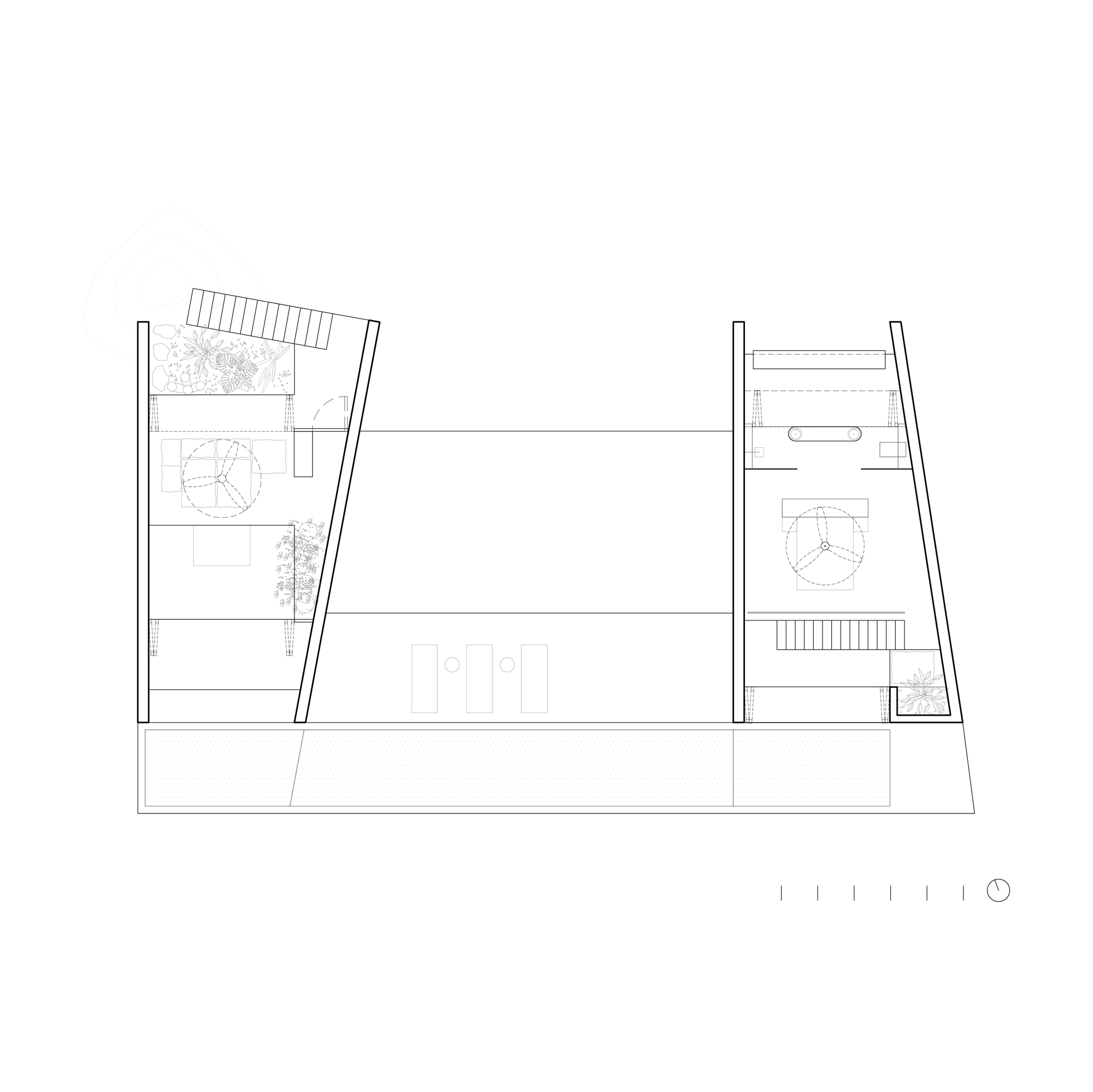 Upper floor plan drawing showing two tapered bedroom wings with ceiling fans, stairs and planters, separated by an open central void above the pool edge
