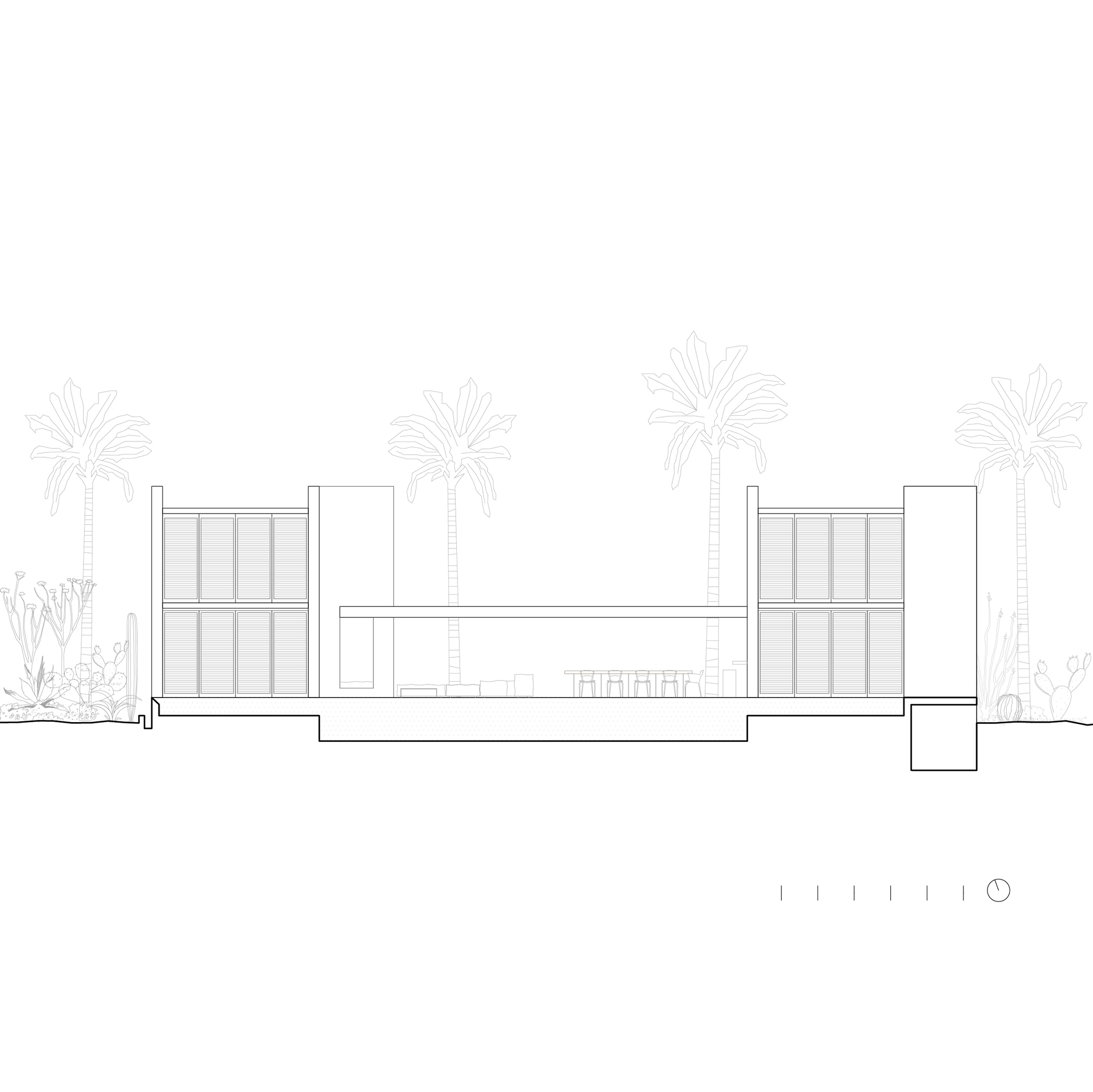 Elevation drawing of two louvered shutter-clad blocks flanking a low open pavilion, with palms and cacti outlined behind