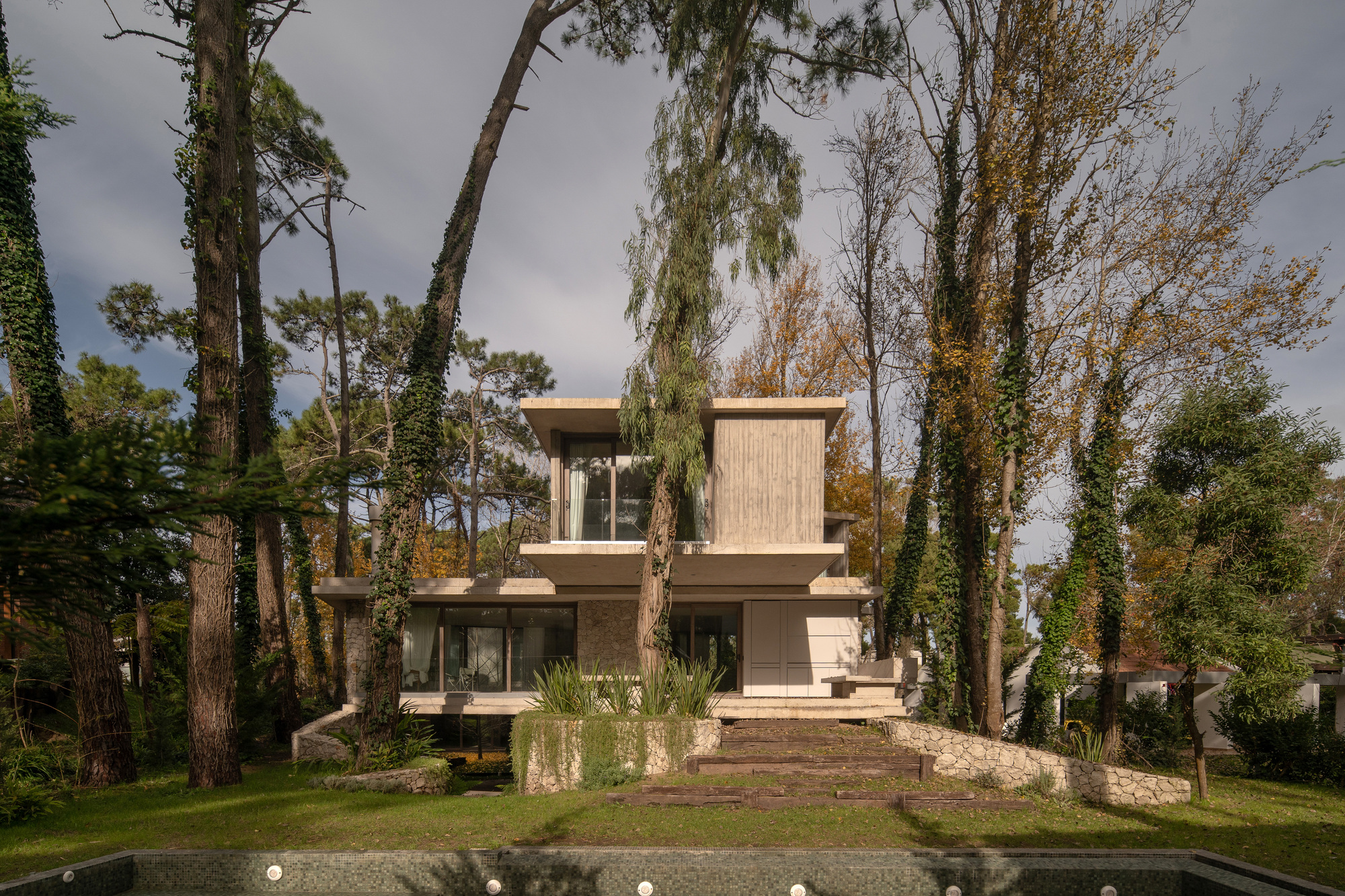 Frontal view of the stepped concrete house rising behind a stone planter and timber steps, framed by tall ivy-wrapped trees