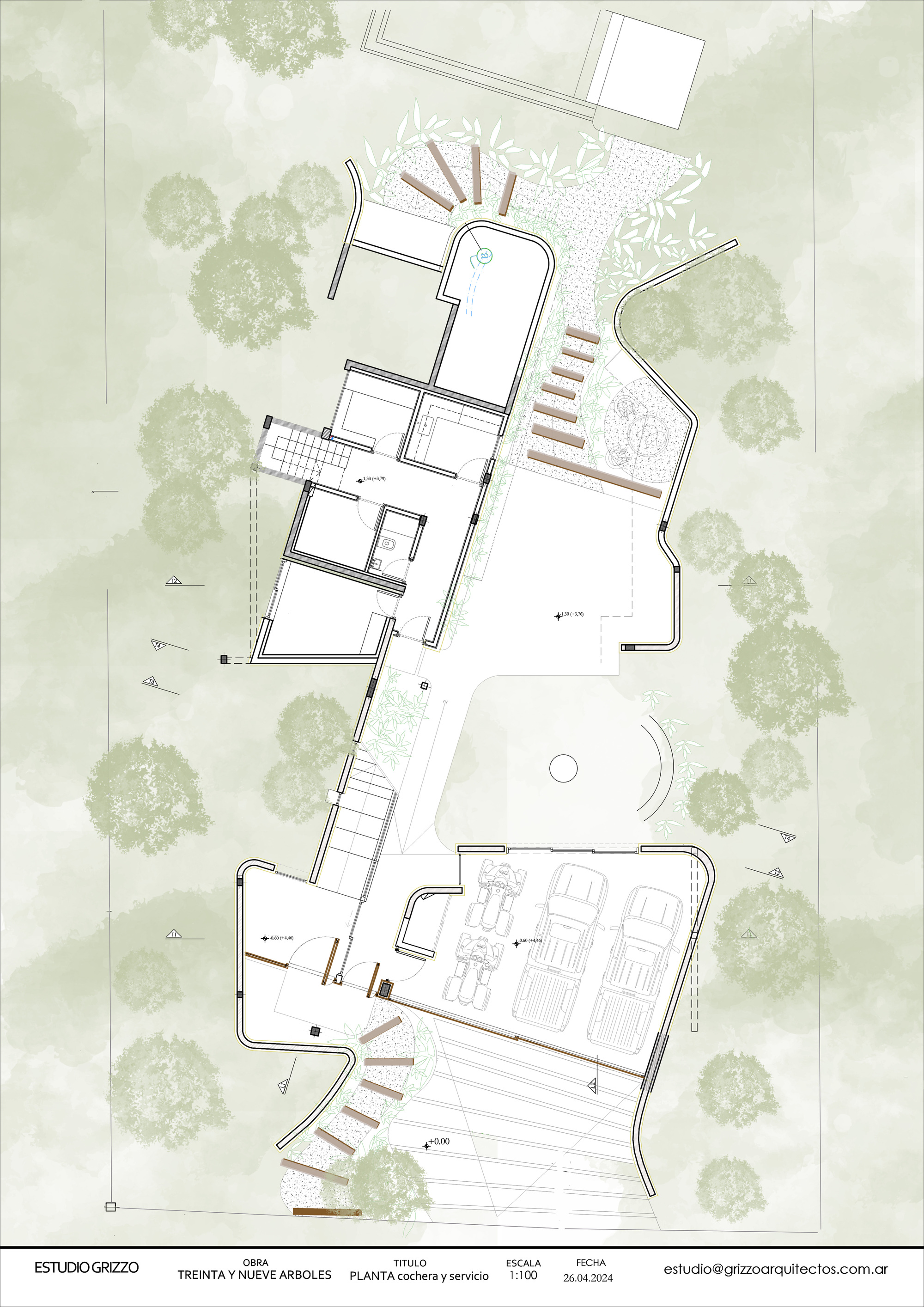 Ground floor plan drawing showing garage with parked vehicles, service rooms, stairs and a path winding between tree canopies