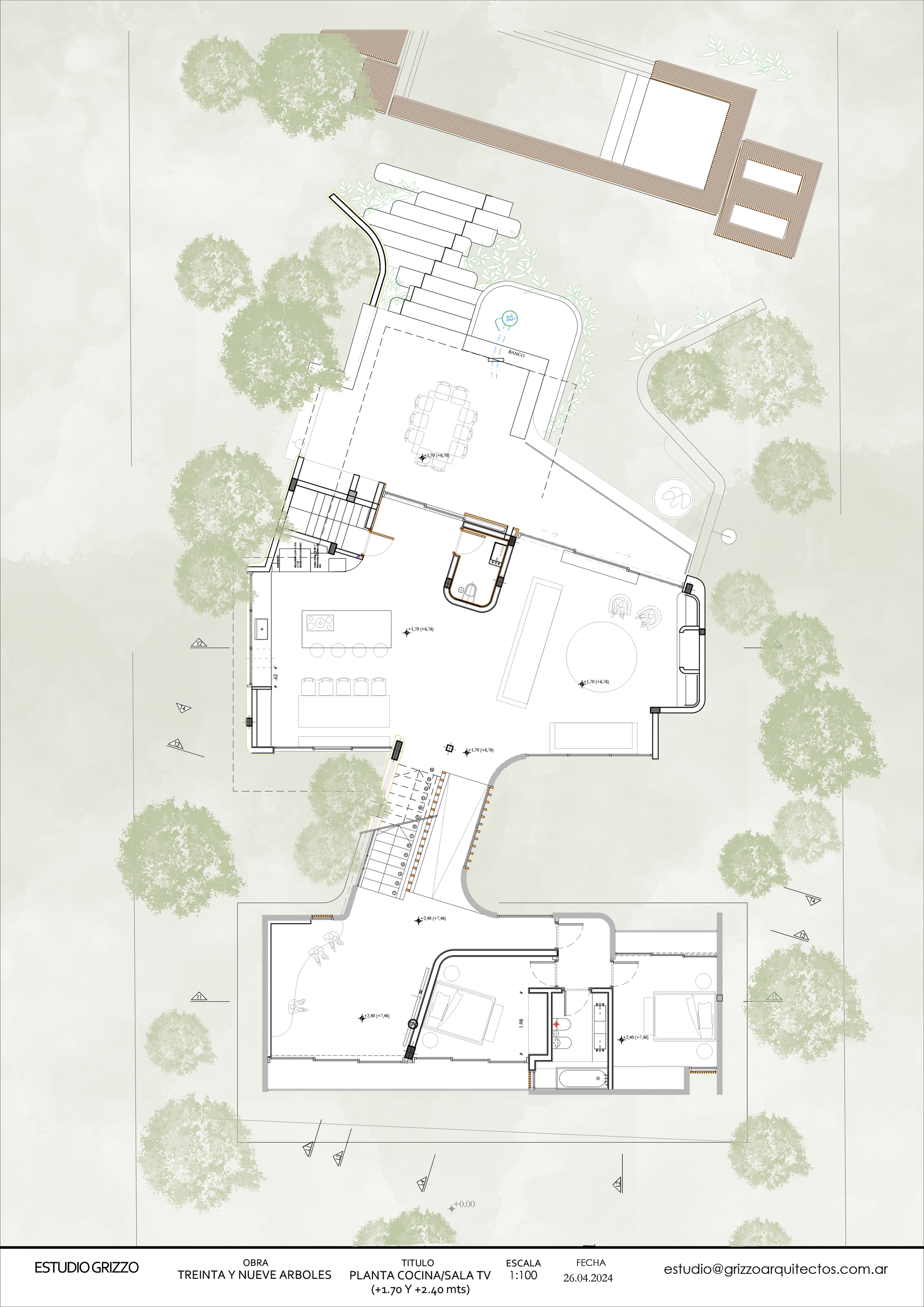 Middle level floor plan drawing showing kitchen, living and dining areas, a central stair and two bedrooms among tree canopies
