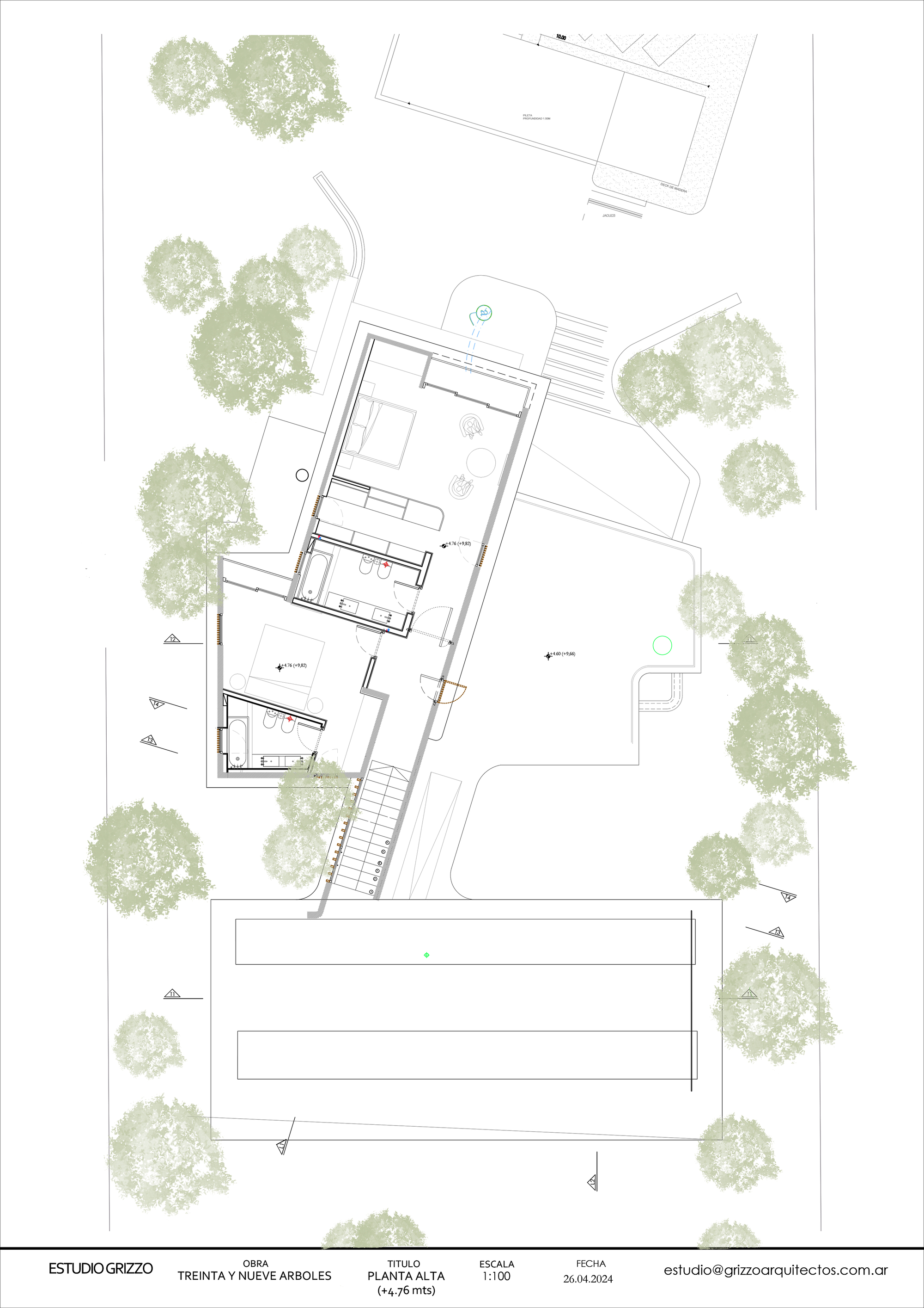 Upper floor plan drawing showing two bedroom suites with bathrooms, a stair and a large roof terrace surrounded by trees