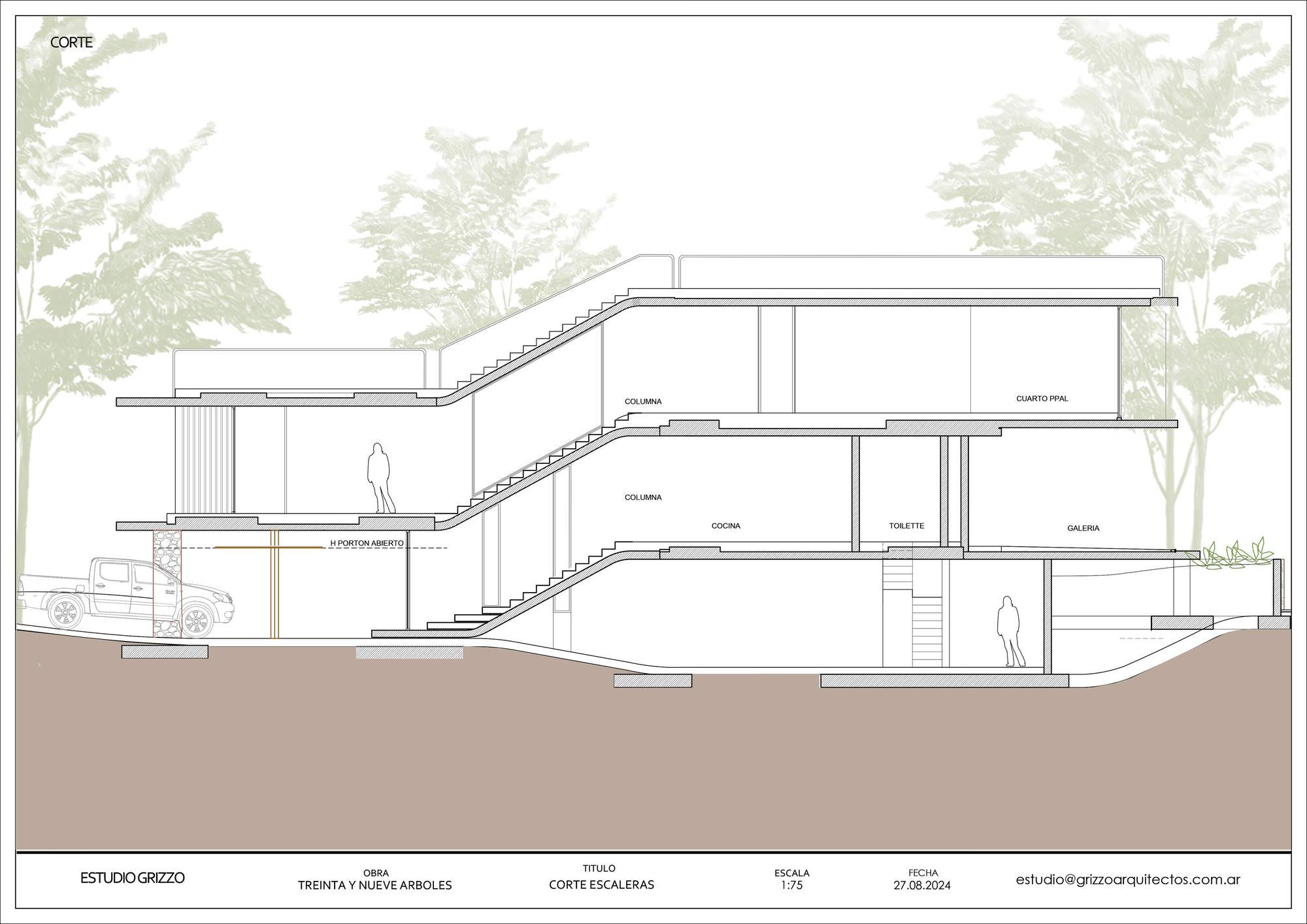 Section drawing cutting through a three-level house, showing a sloping stair ramp, kitchen, bedroom and gallery, with a pickup truck at the garage and tree silh