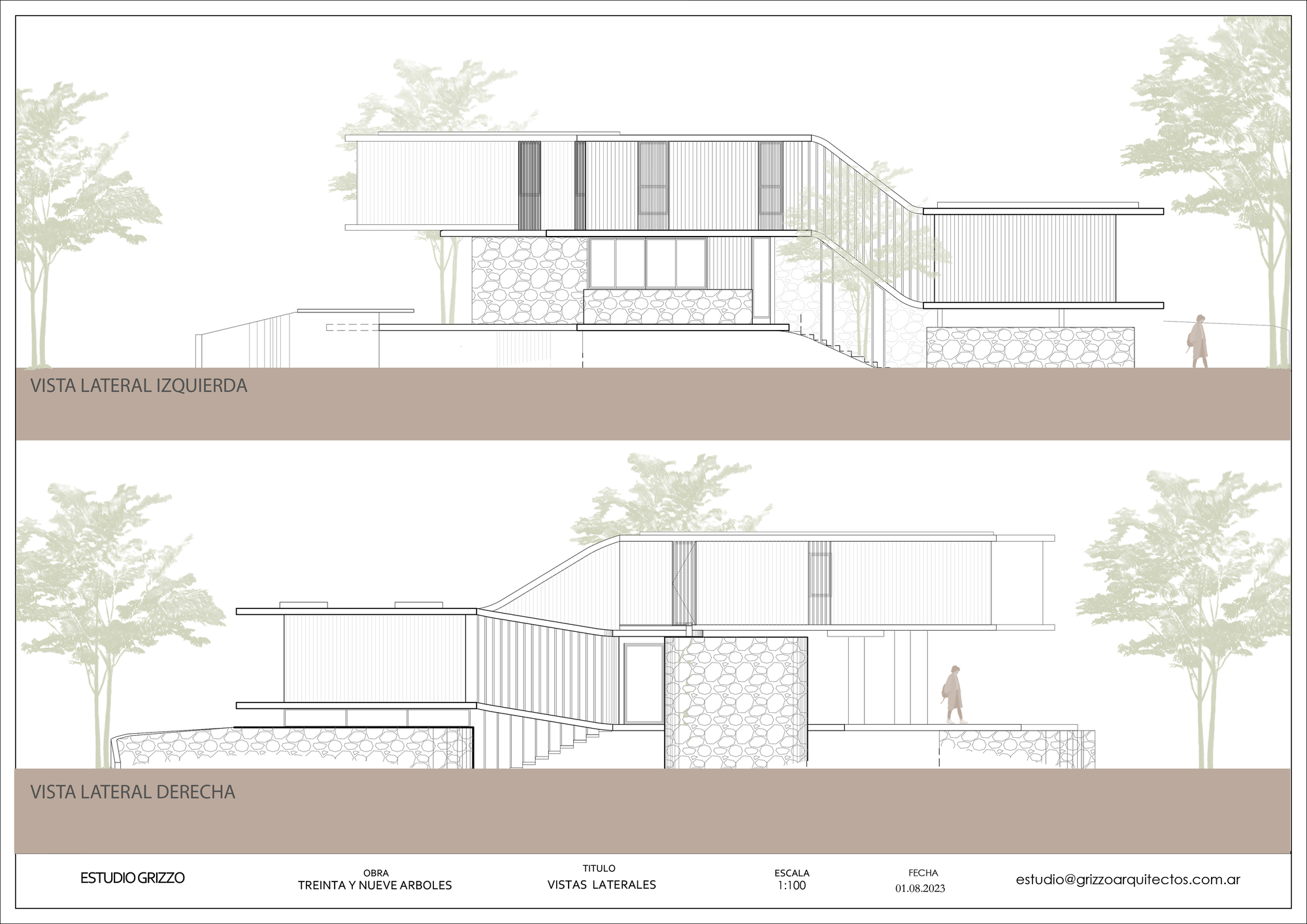 Two side elevation drawings of a stone-based house with slatted upper volumes and cantilevered slabs, with small figures walking and tree silhouettes behind